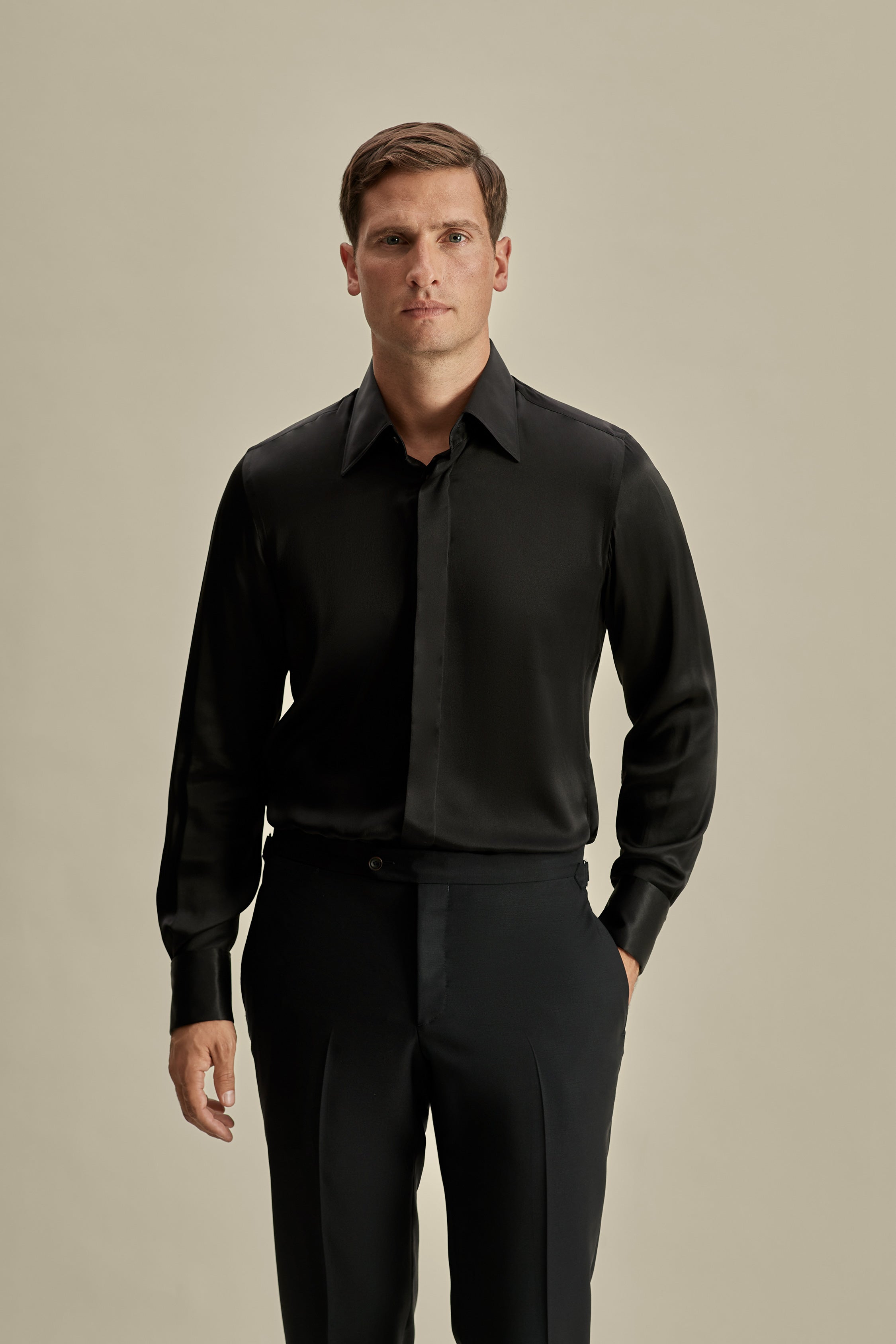 Silk Lecce Collar Fly Front Shirt Black Model Cropped Image