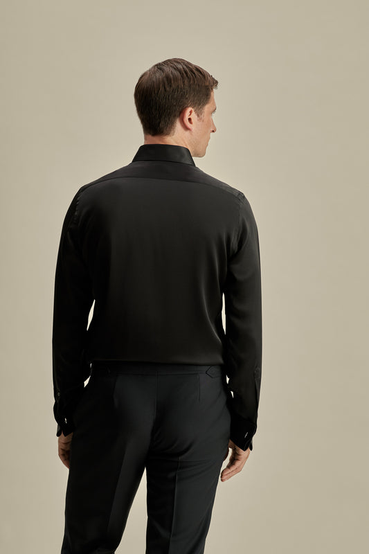 Silk Lecce Collar Fly Front Shirt Black Model Back Image