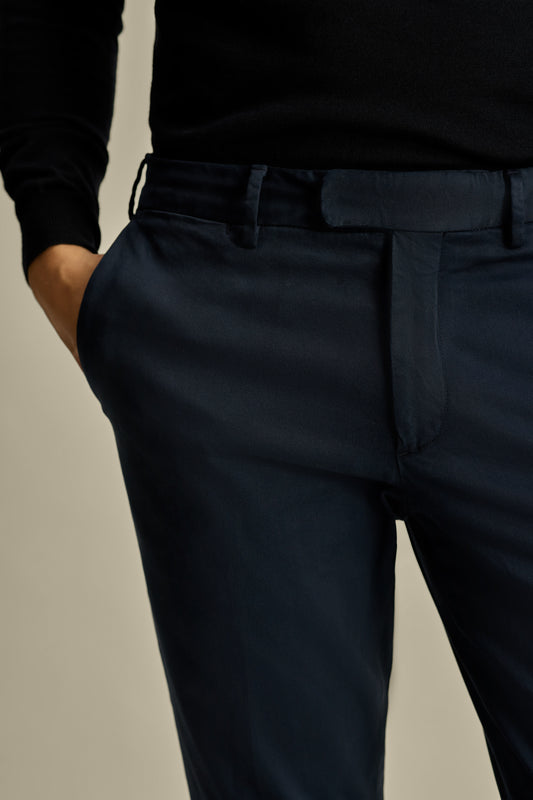 Cotton Easy Fit Flat Front Chinos Navy Model Waistband Image