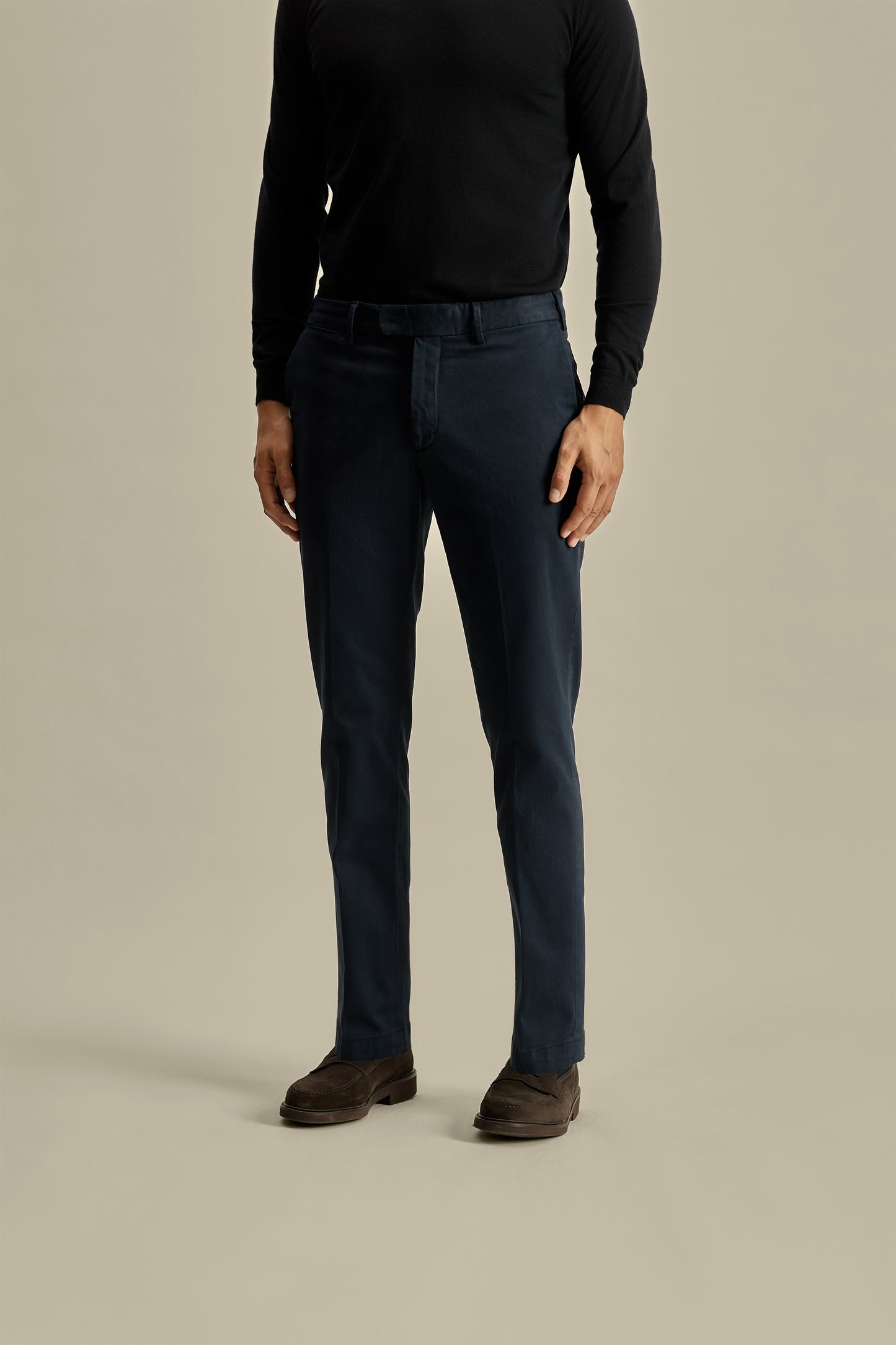 Cotton Easy Fit Flat Front Chinos Navy Model Cropped Image