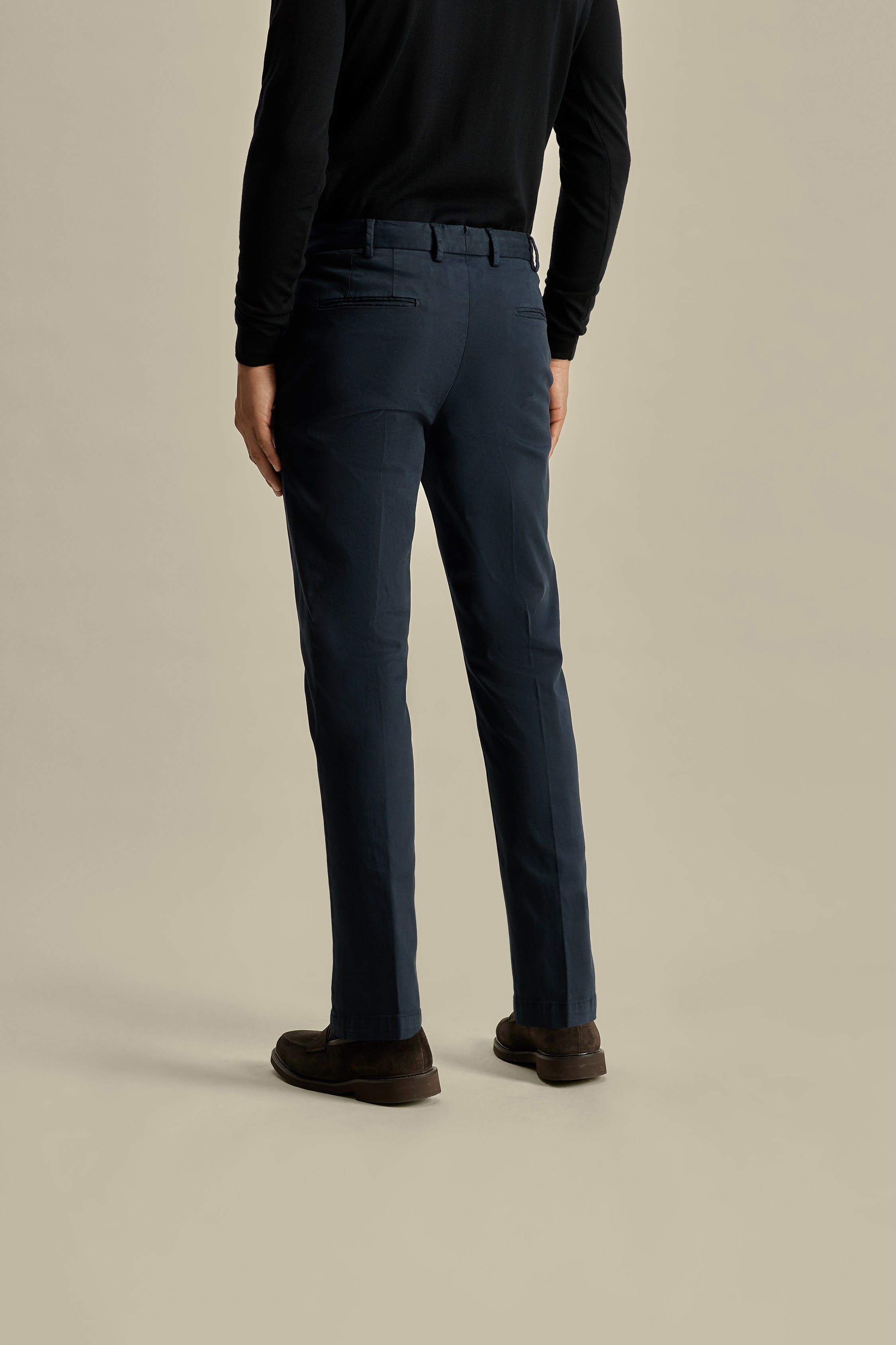 Cotton Easy Fit Flat Front Chinos Navy Model Back Image