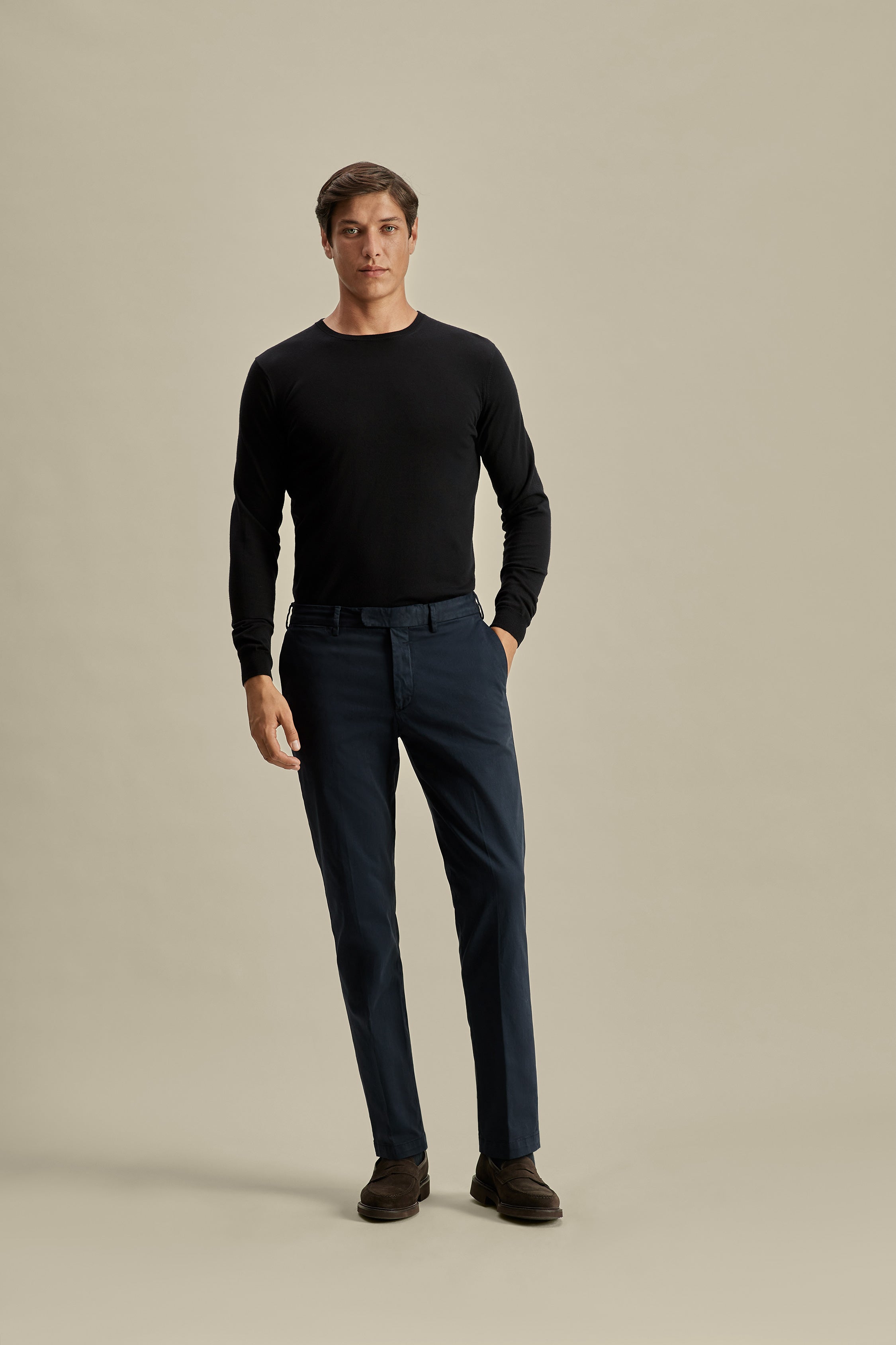 Cotton Easy Fit Flat Front Chinos Navy Model Image