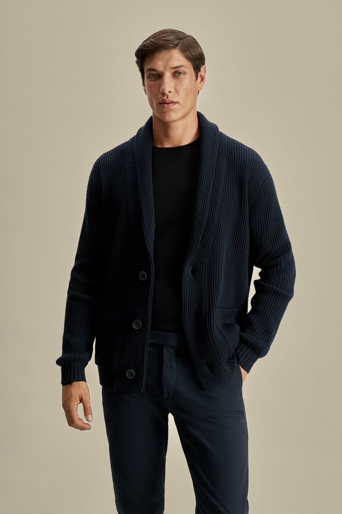 Merino Wool Single Breasted Shawl Cardigan Navy Model Cropped Image