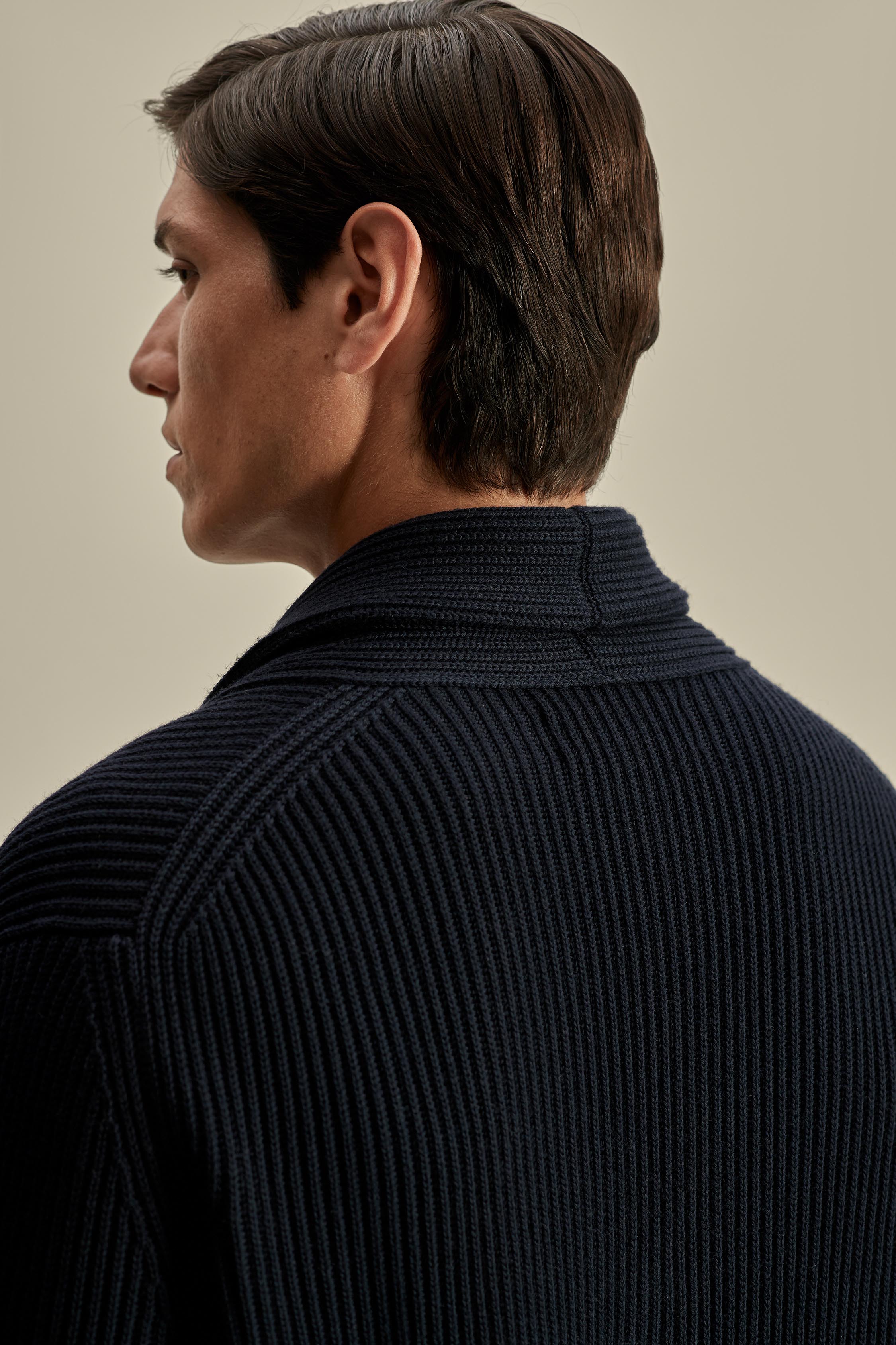 Merino Wool Single Breasted Shawl Cardigan Navy Model Back Image