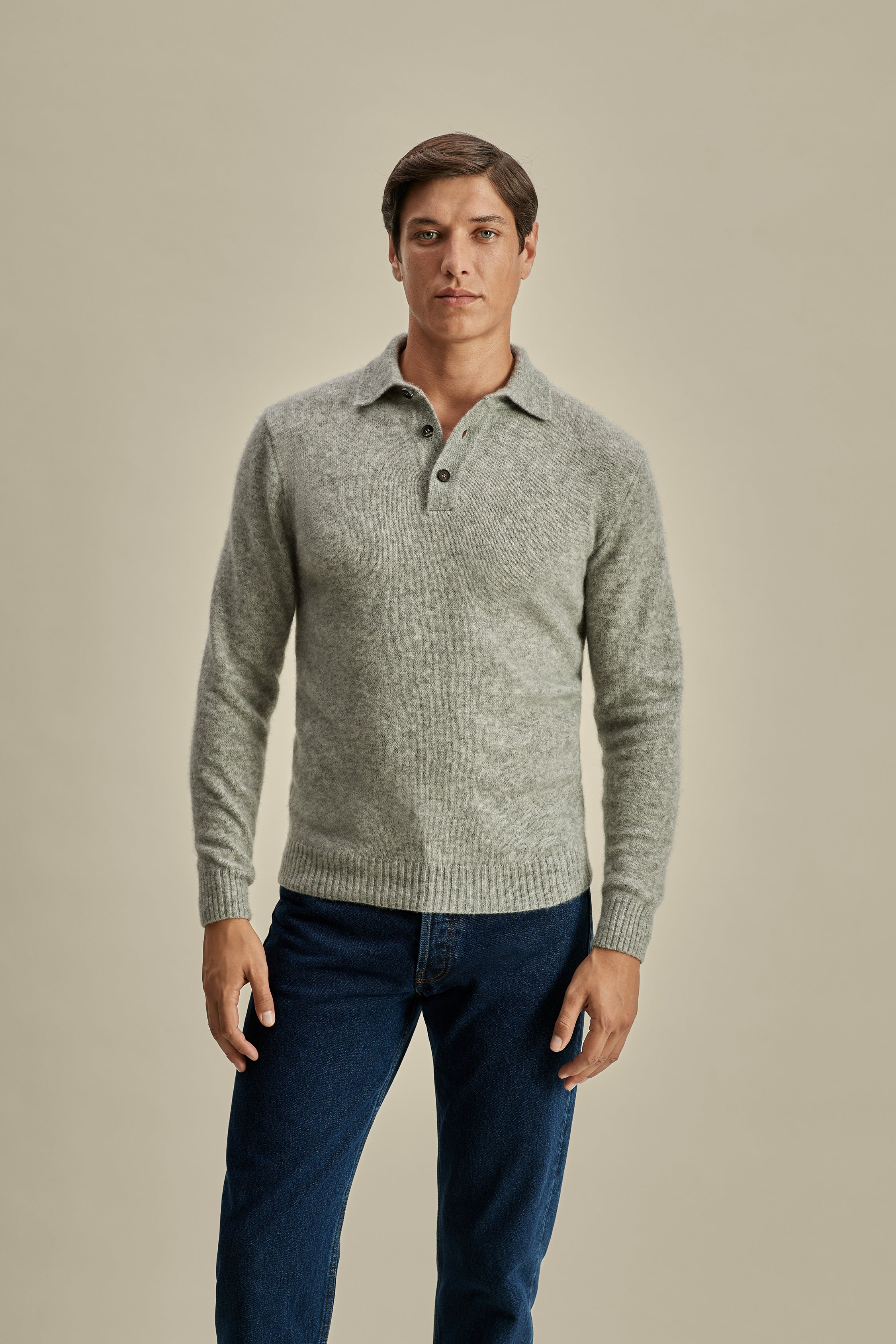 Brushed Cashmere Silk Long Sleeve Polo Shirt Model Cropped Image