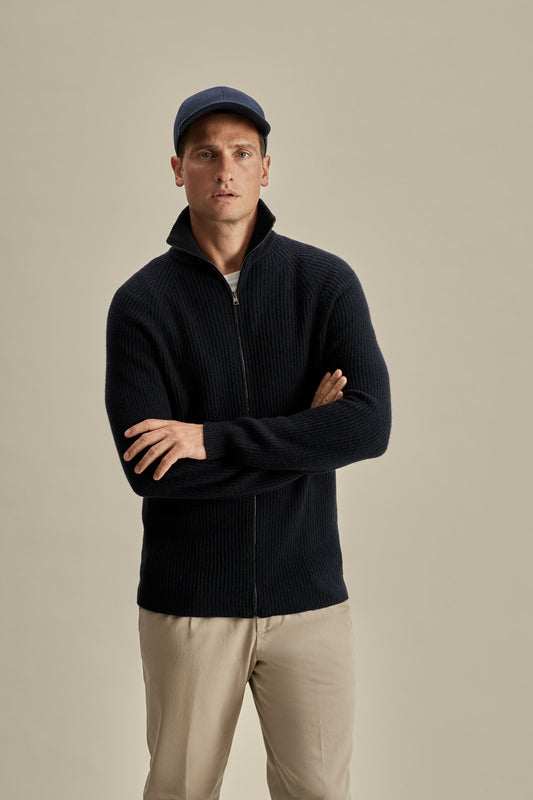 Cashmere Zip-Through Fisherman Rib Sweater Navy Model Cropped Image