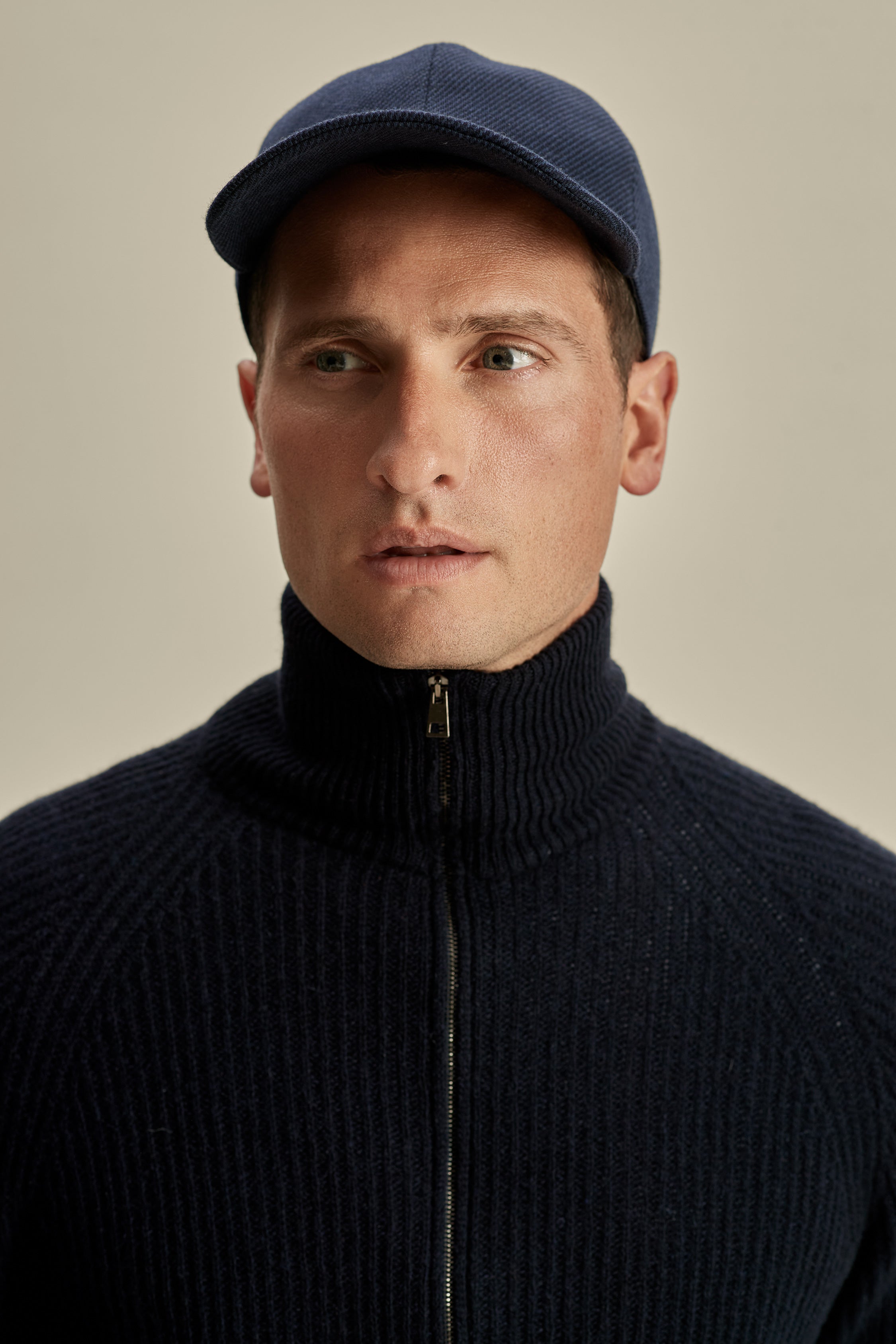 Cashmere Zip-Through Fisherman Rib Sweater Navy Model Neck Image