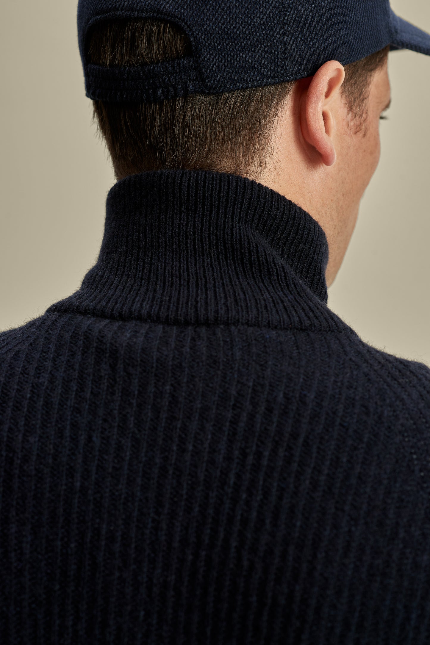 Cashmere Zip-Through Fisherman Rib Sweater Navy Model Back Image