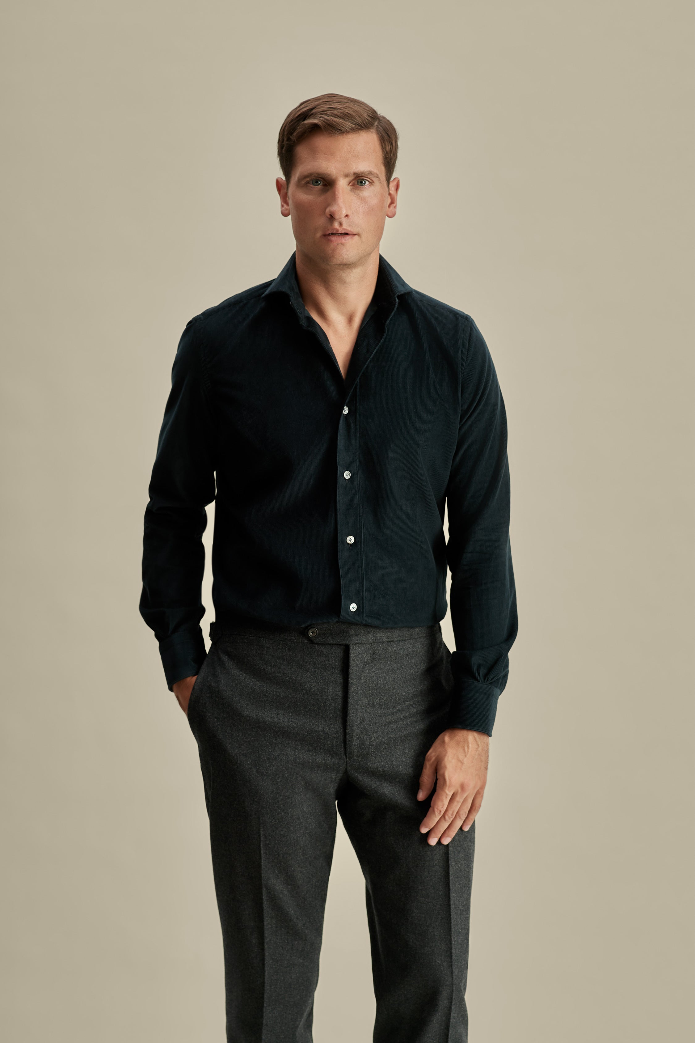 Corduroy Cutaway Collar Shirt Navy Model Cropped Image