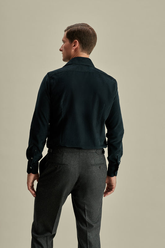 Corduroy Cutaway Collar Shirt Navy Model Cropped Back Image