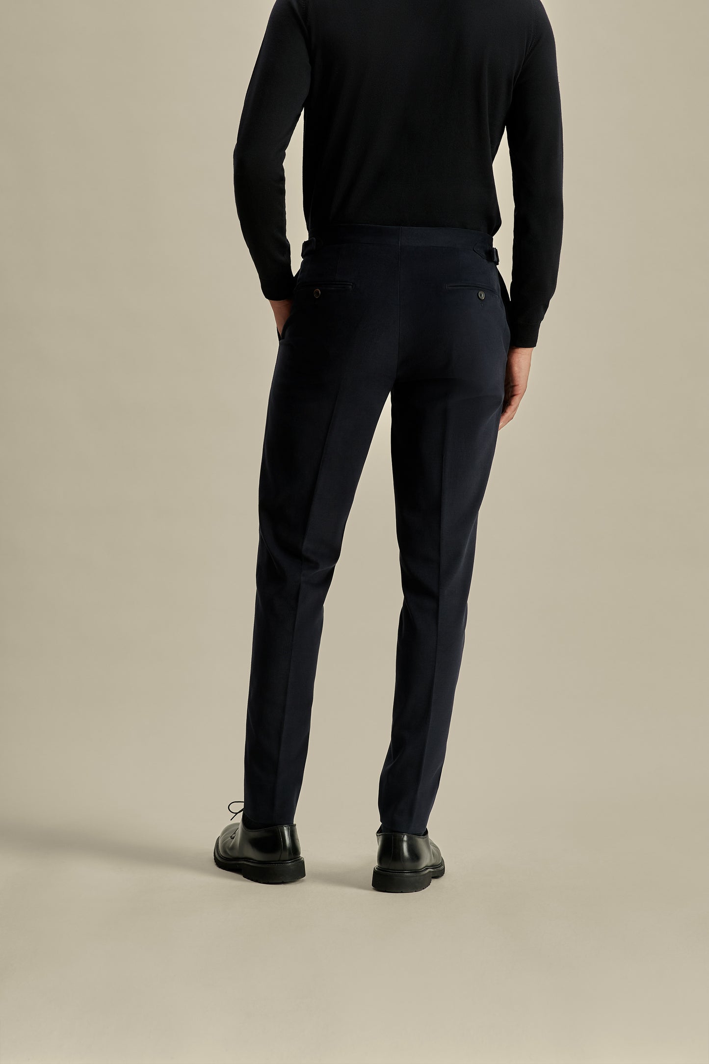 Brushed Cotton Double Breasted Peak Lapel Suit Navy Model Trousers Back Image