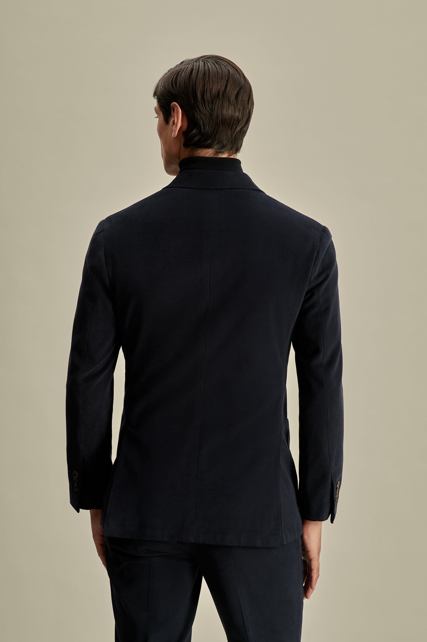 Brushed Cotton Double Breasted Peak Lapel Suit Navy Model Back Image