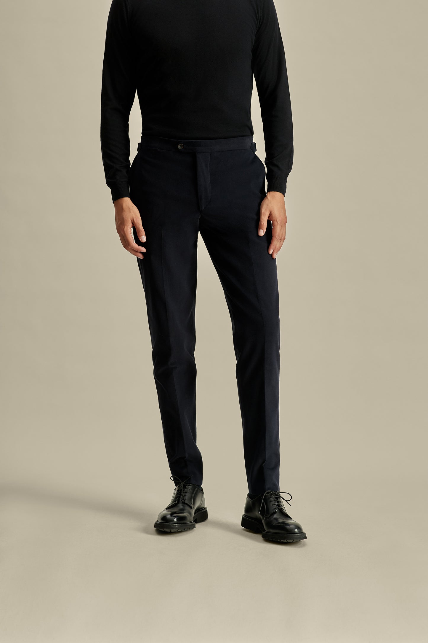 Brushed Cotton Double Breasted Peak Lapel Suit Navy Model Trousers Image