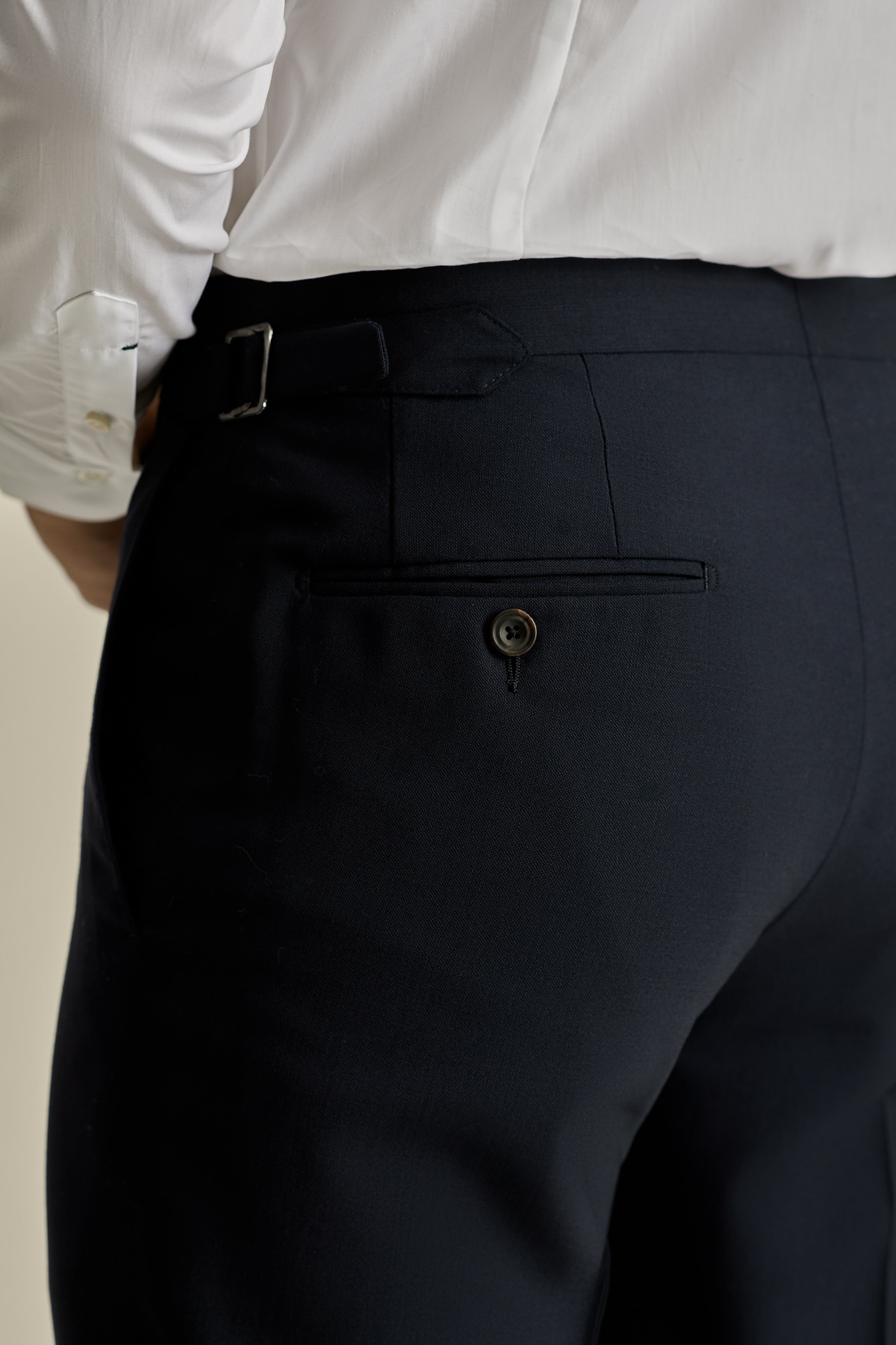 Fresco Tailored Trousers Navy Model Back Pocket Image