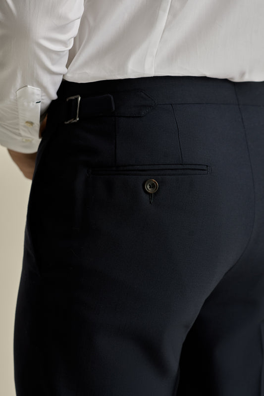 Fresco Tailored Trousers Navy Model Back Pocket Image