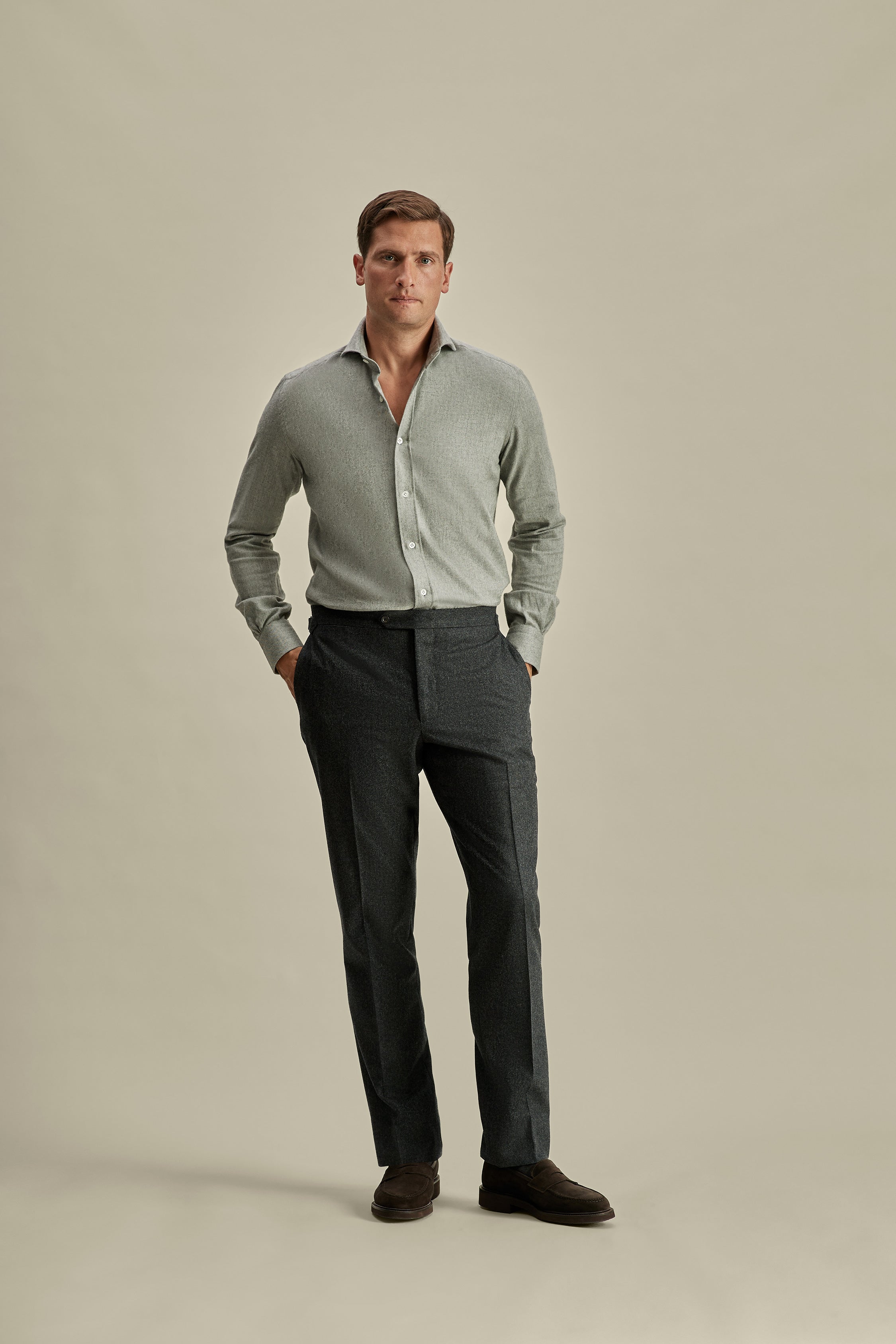 Flannel Flat Front Tailored Trousers Grey Model Image