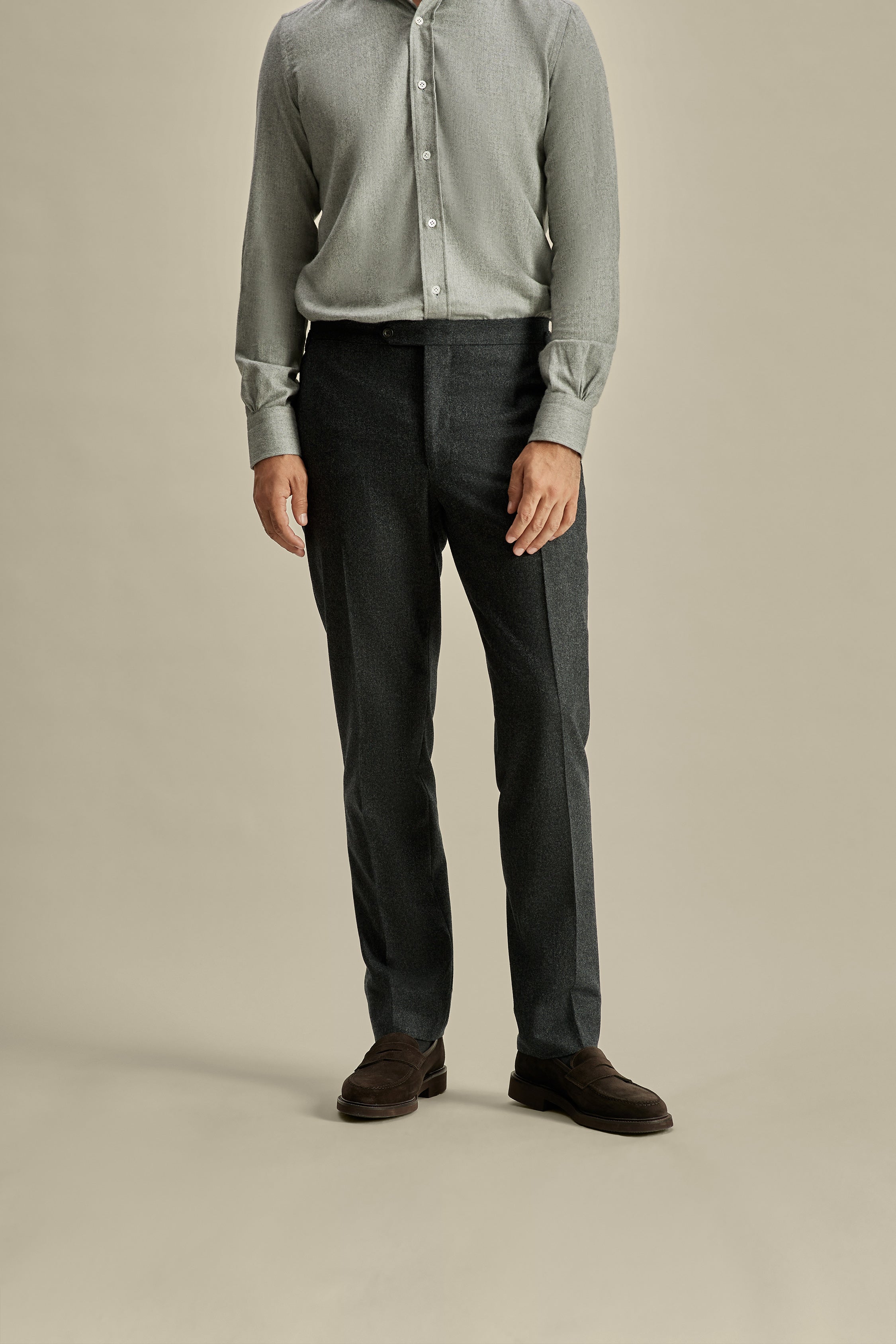 Flannel Flat Front Tailored Trousers Grey Model Cropped Image