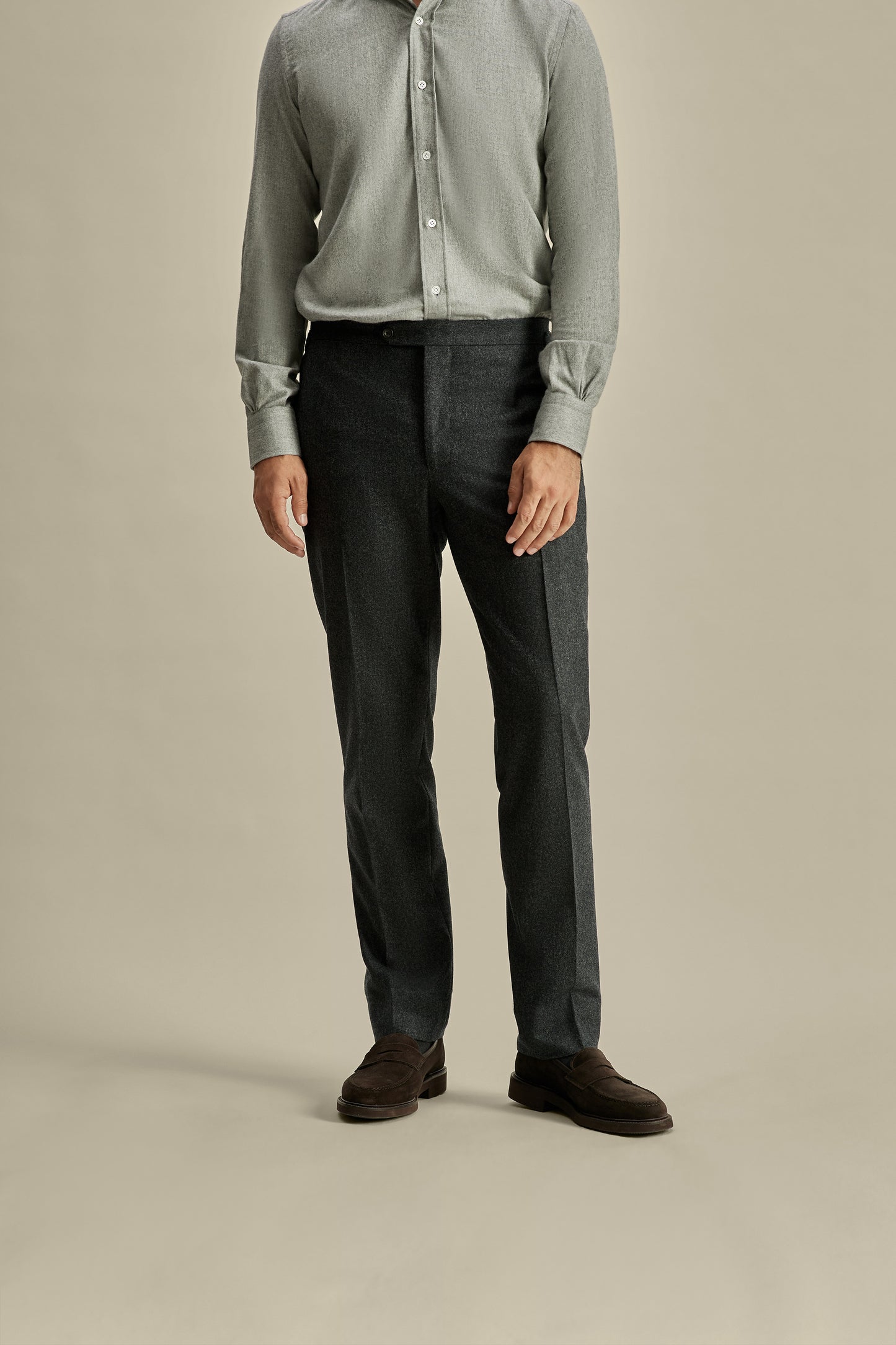 Flannel Flat Front Tailored Trousers Grey Model Cropped Image