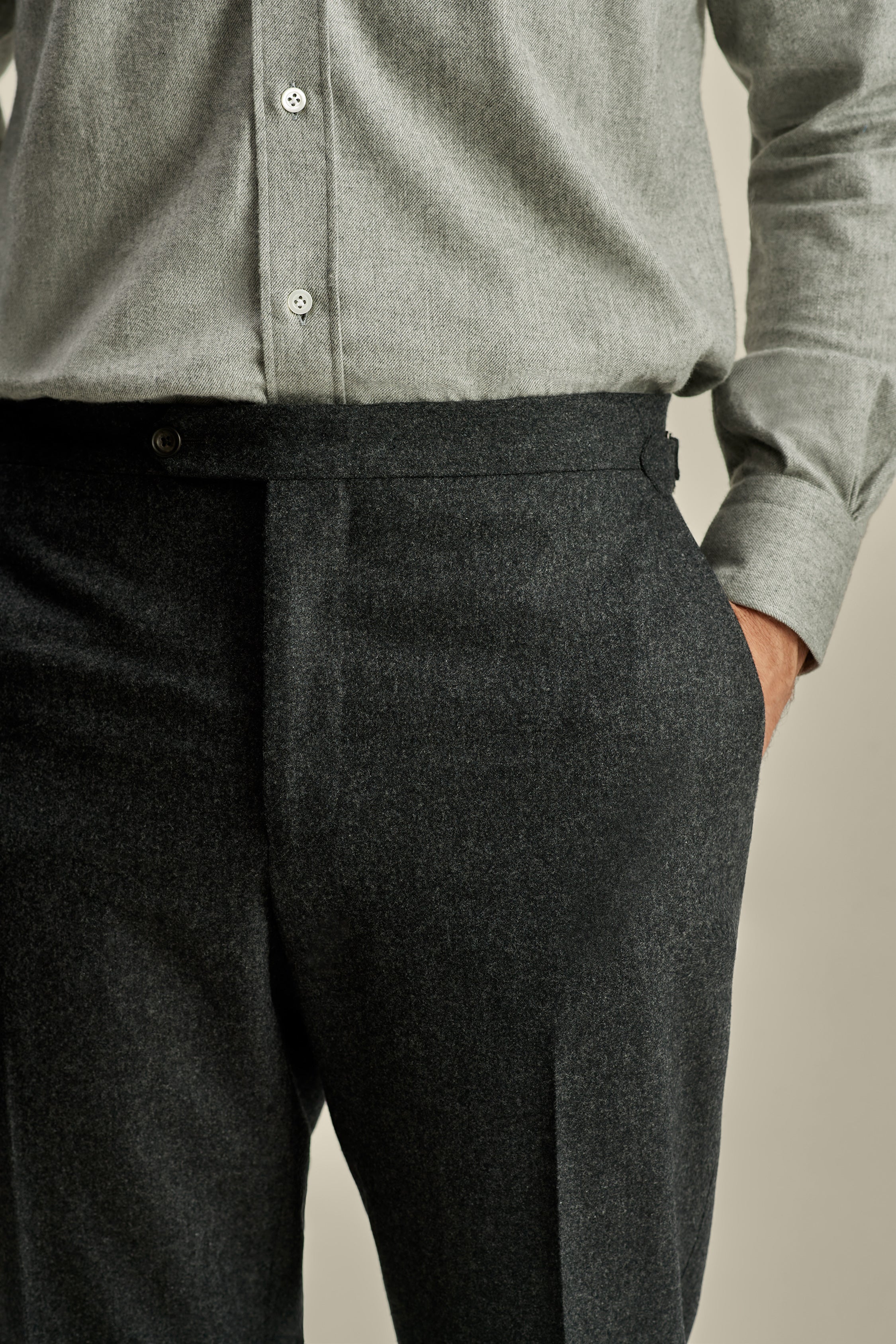 Flannel Flat Front Tailored Trousers Grey Model Waistband Image