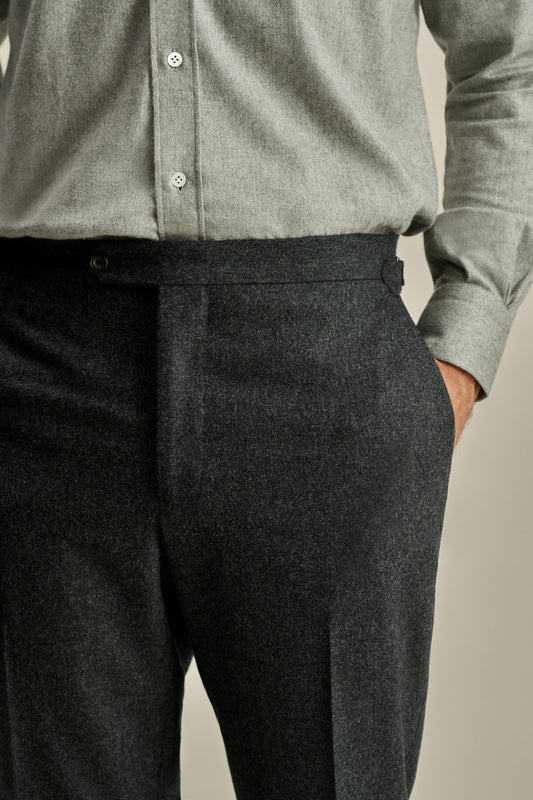 Flannel Flat Front Tailored Trousers Grey Model Waistband Image