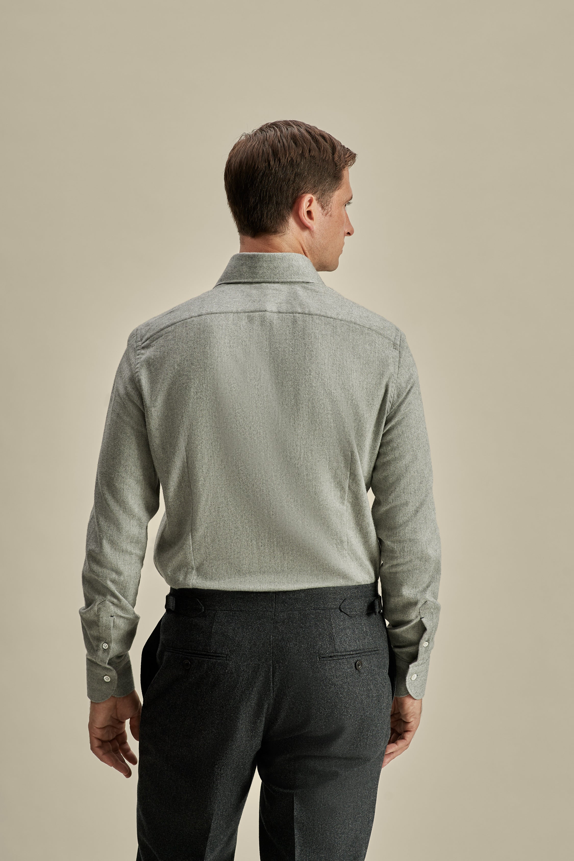 Flannel Cutaway Collar Shirt Mid Grey Model Cropped Back Image