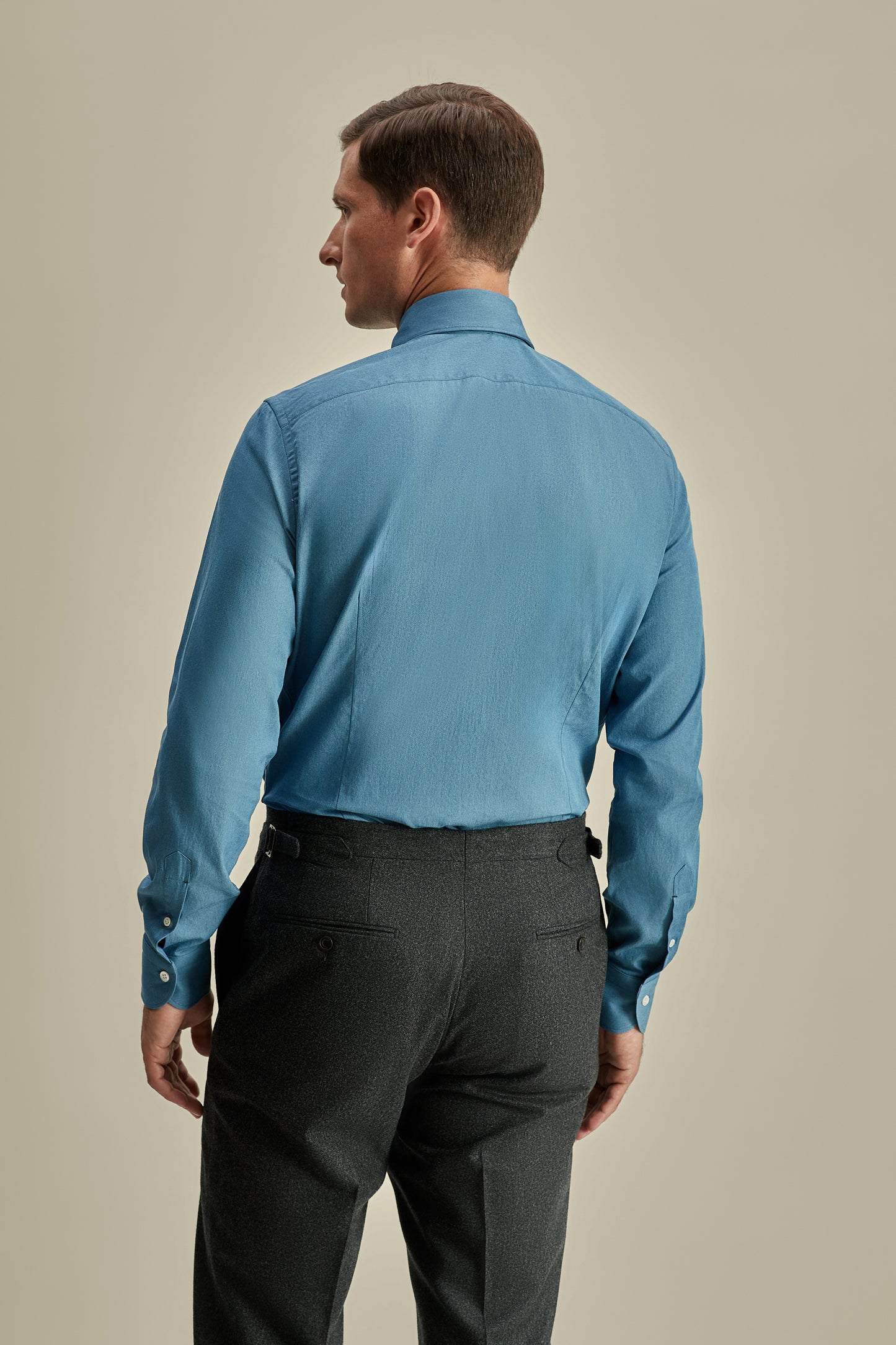 Cotton Chambray Cutaway Collar Shirt Chambray Model Back Image