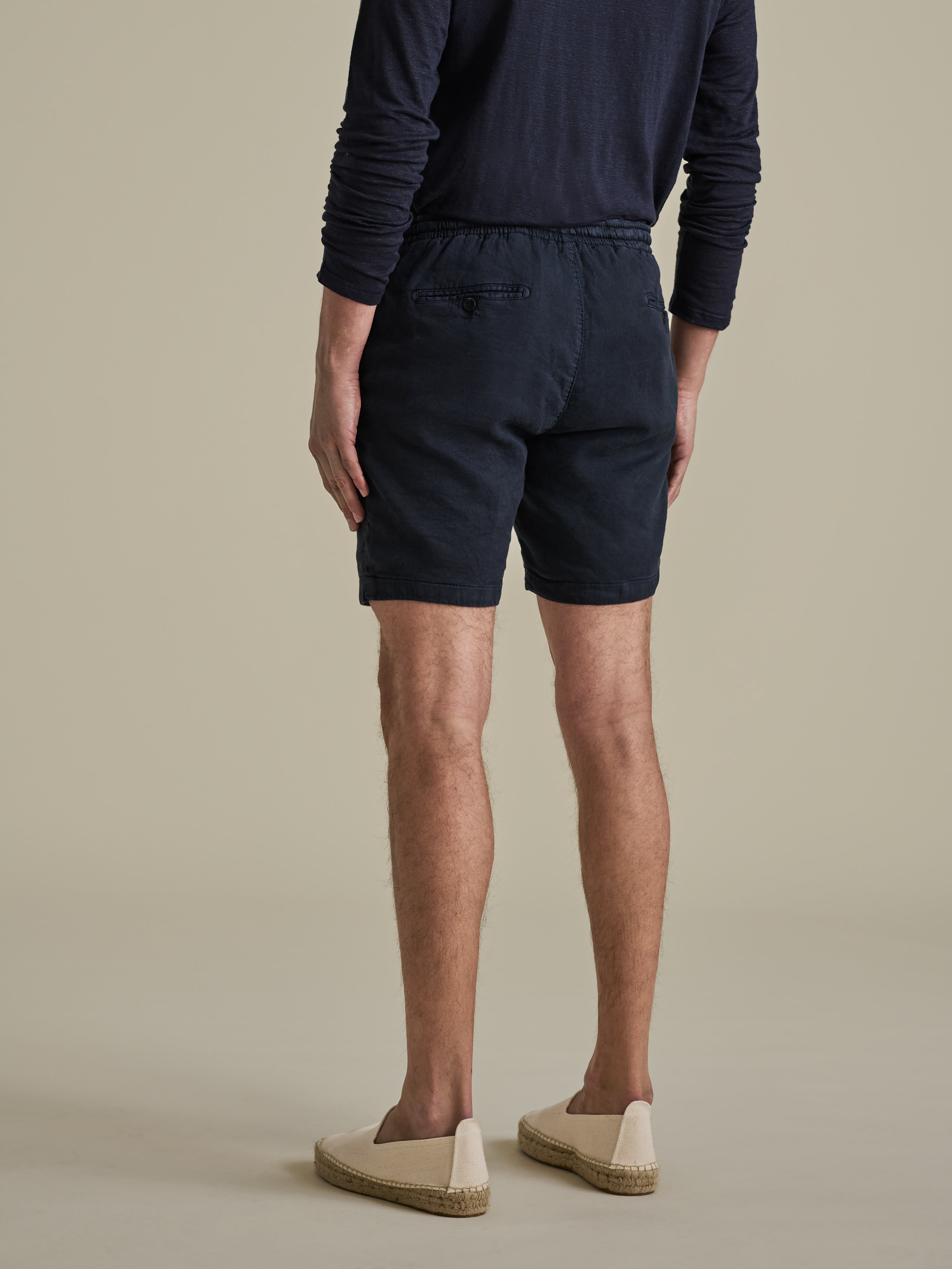 Linen Jersey Pleated Shorts Navy Model Back Image