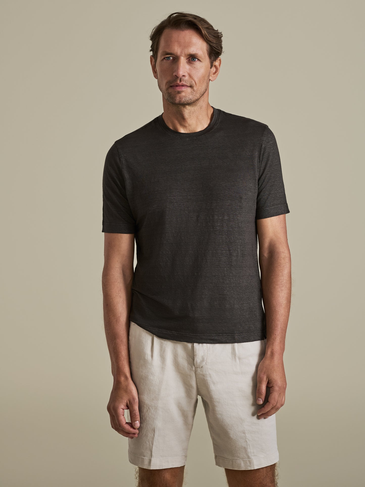 Linen Jersey T-Shirt Brown Model Cropped Image