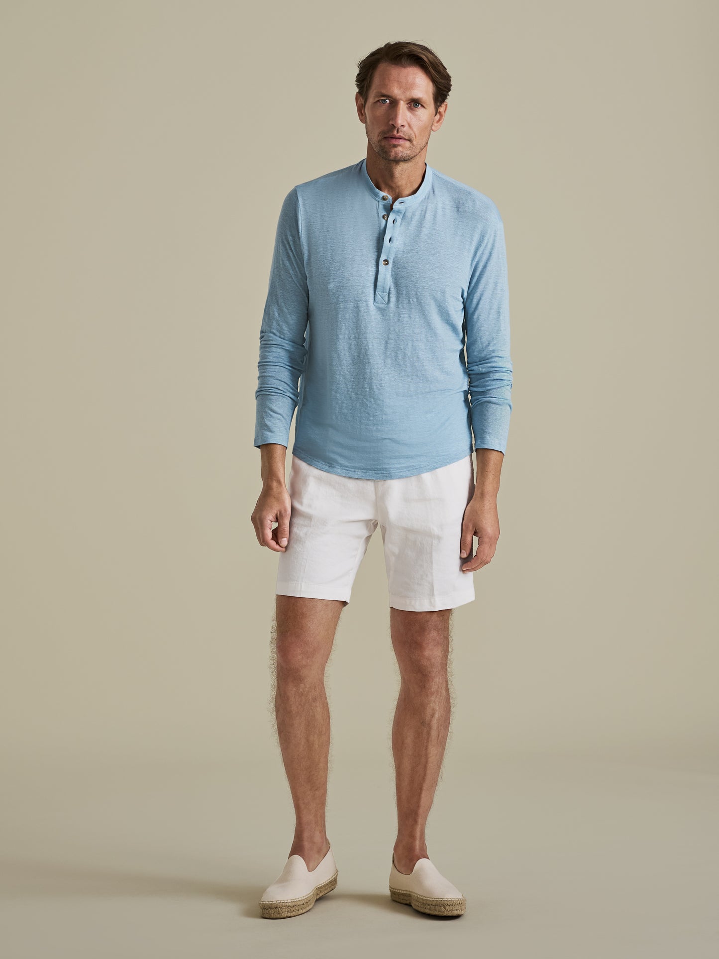 Linen Long Sleeve Henley T-Shirt Mid Blue Model Image