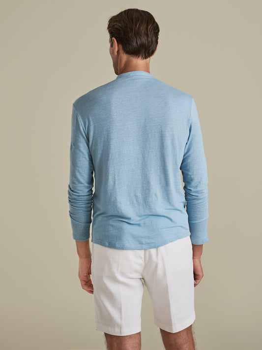 Linen Long Sleeve Henley T-Shirt Mid Blue Model Back Image