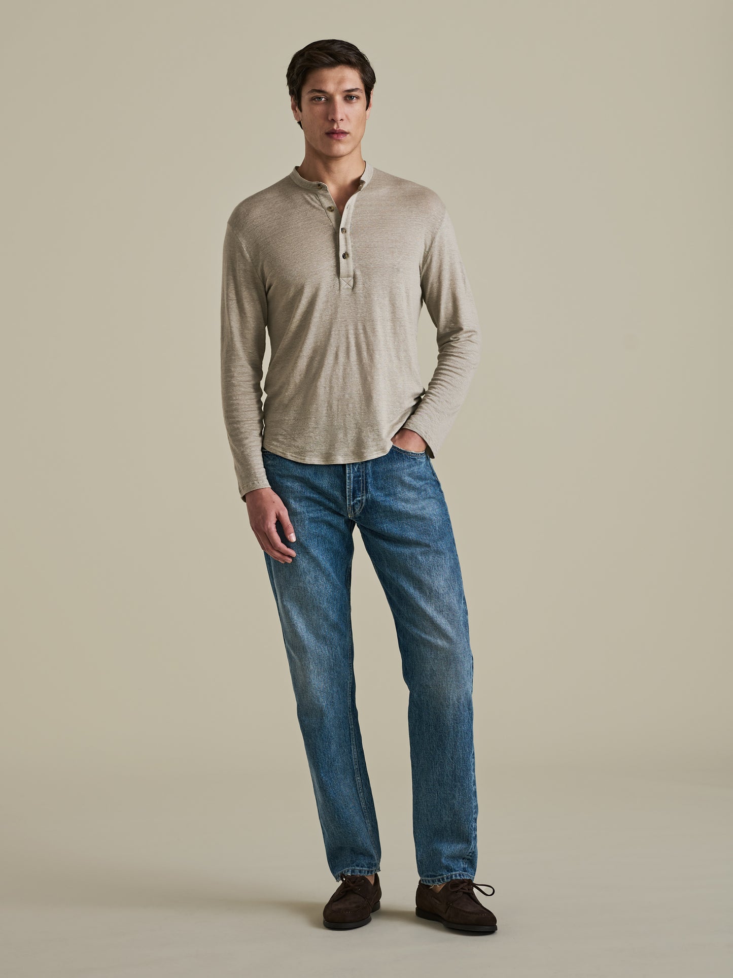 Linen Long Sleeve Henley T-Shirt Beige Model Image