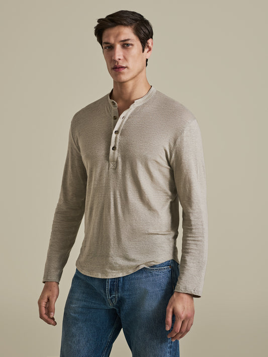 Linen Long Sleeve Henley T-Shirt Beige Model Cropped Image