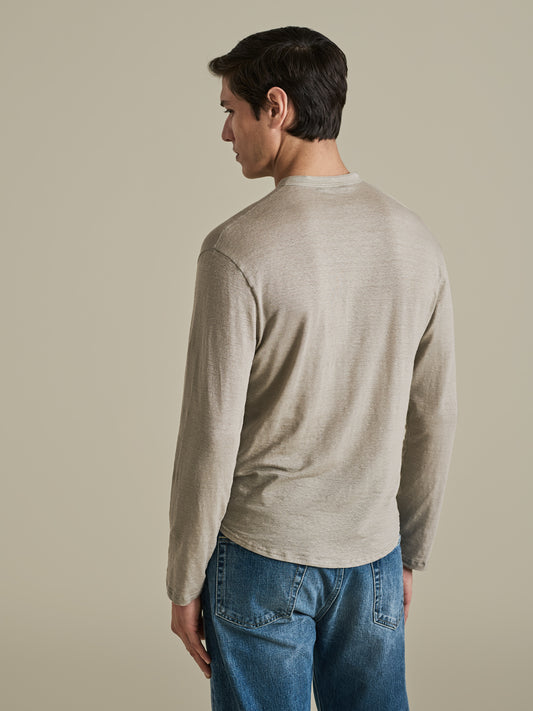 Linen Long Sleeve Henley T-Shirt Beige Model Back Image