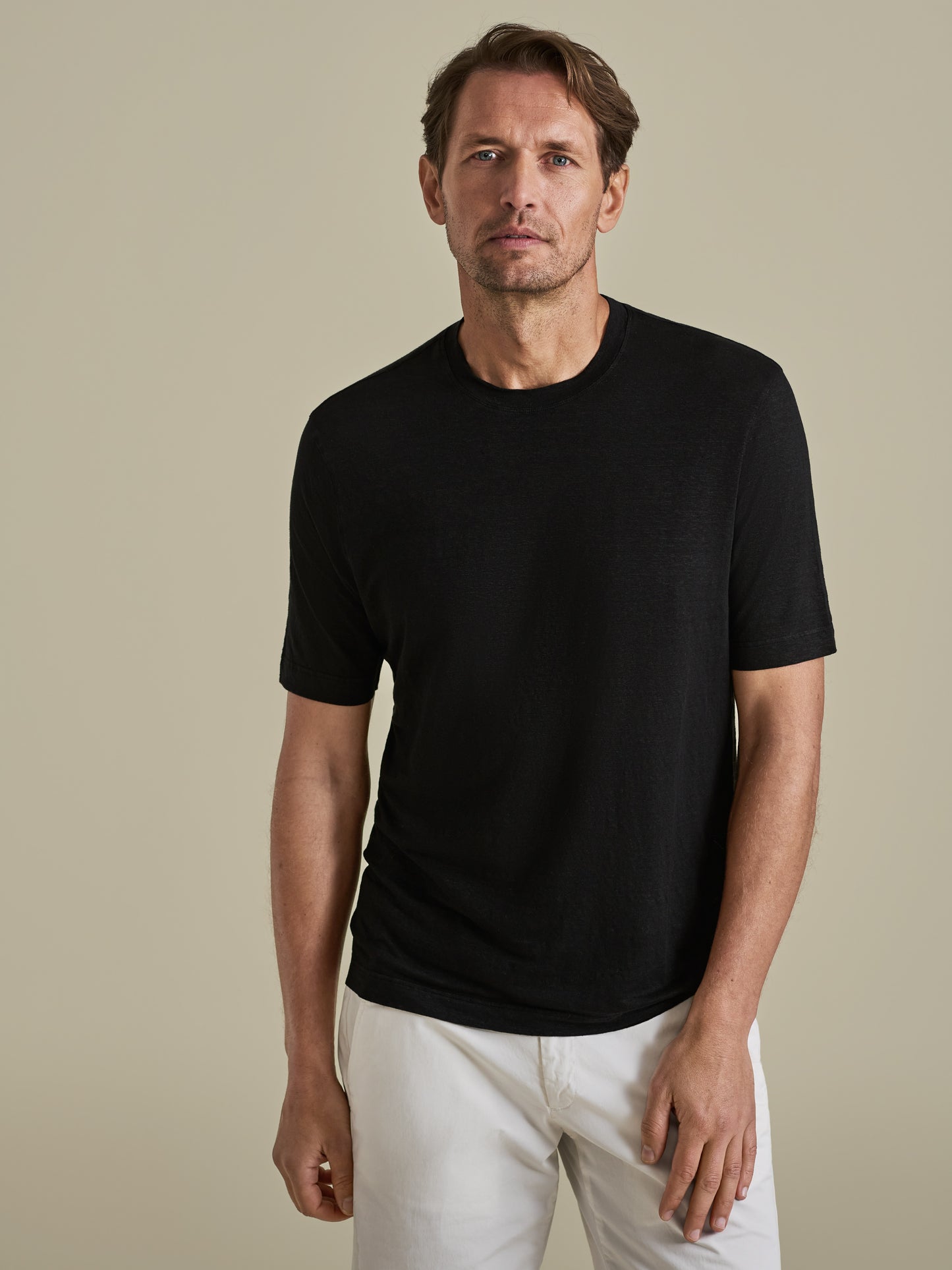 Linen Jersey T-Shirt Black Model Cropped Image