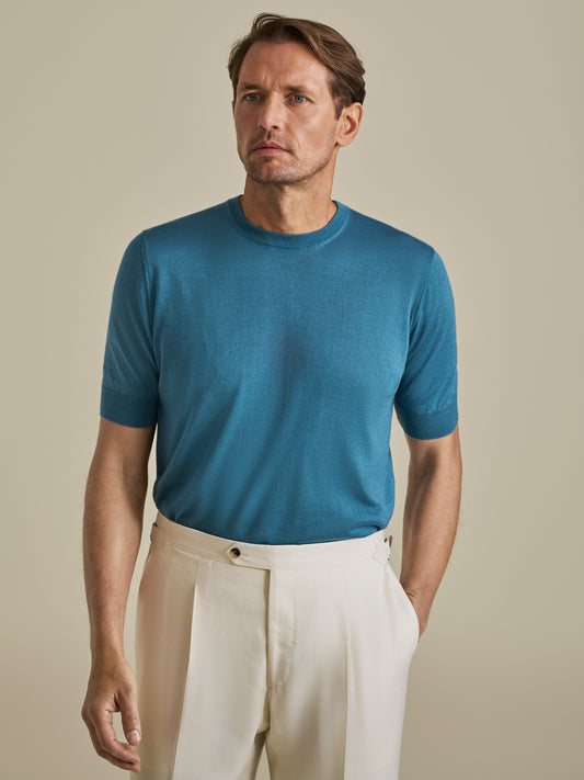 Cashmere Silk Ribbed T-Shirt Mid Blue Model Cropped Image