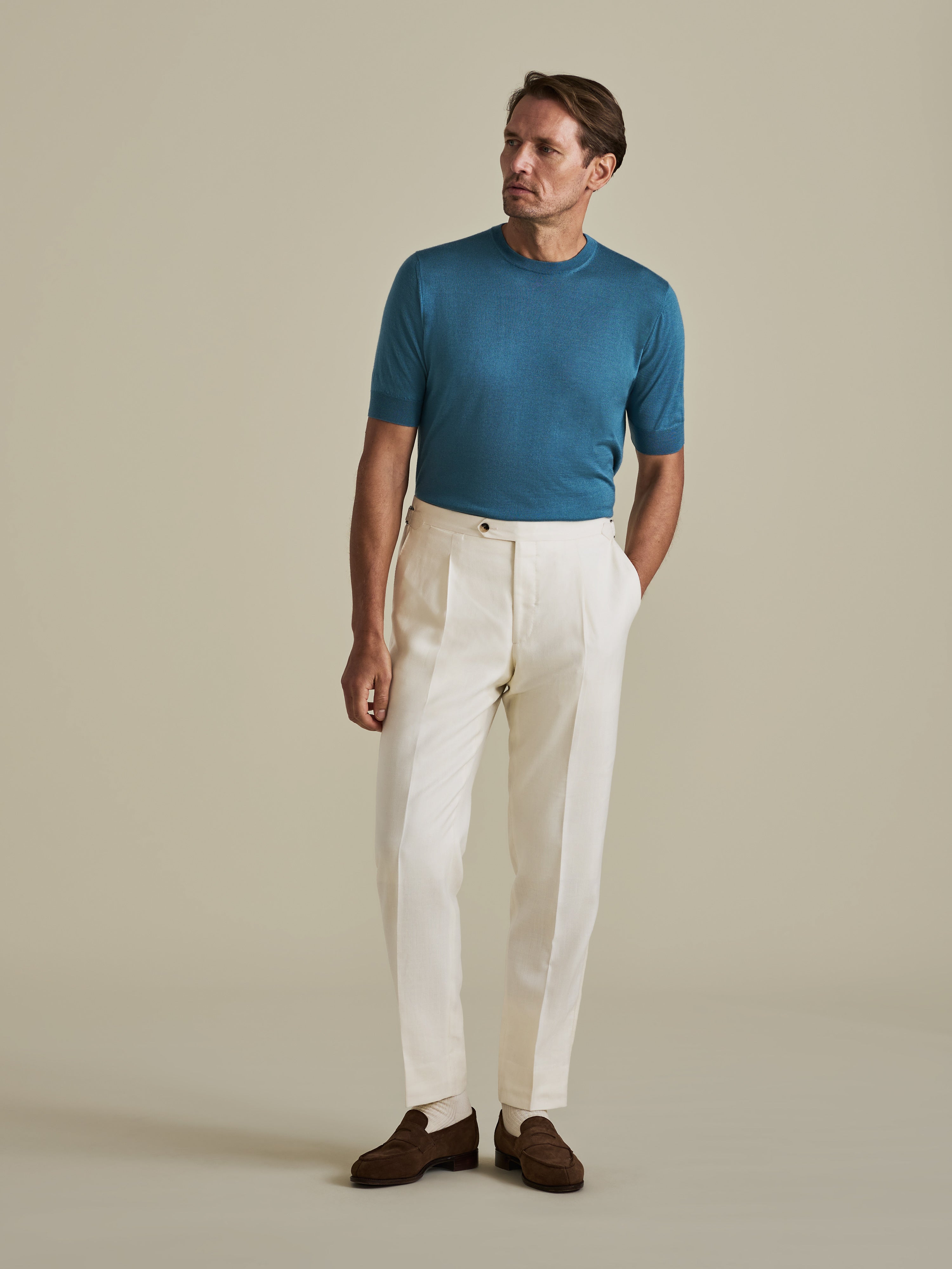 Wool Silk Flat Front Tailored Trousers Off White Model Image