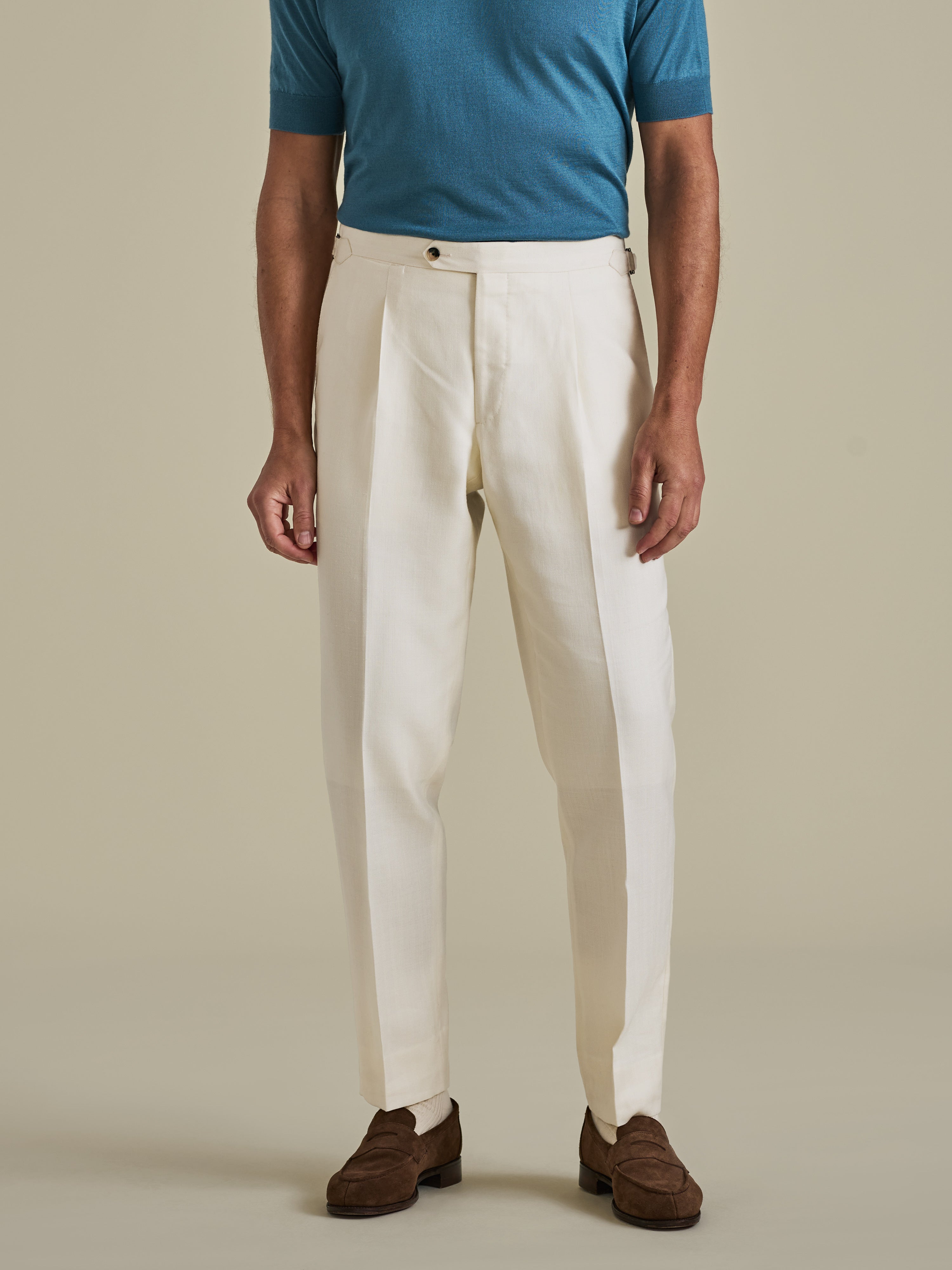 Wool Silk Flat Front Tailored Trousers Off White Model Cropped Image