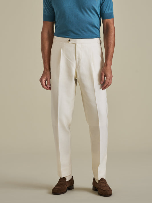 Wool Silk Flat Front Tailored Trousers Off White Model Cropped Image