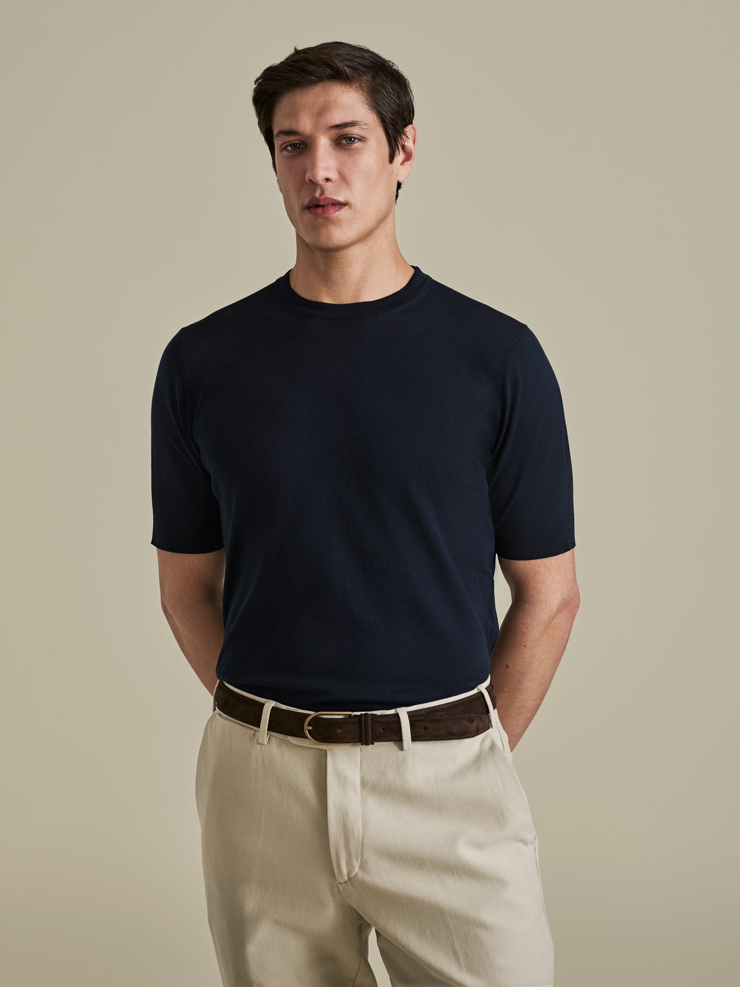 Crepe Cotton T-Shirt Navy Model Cropped Image