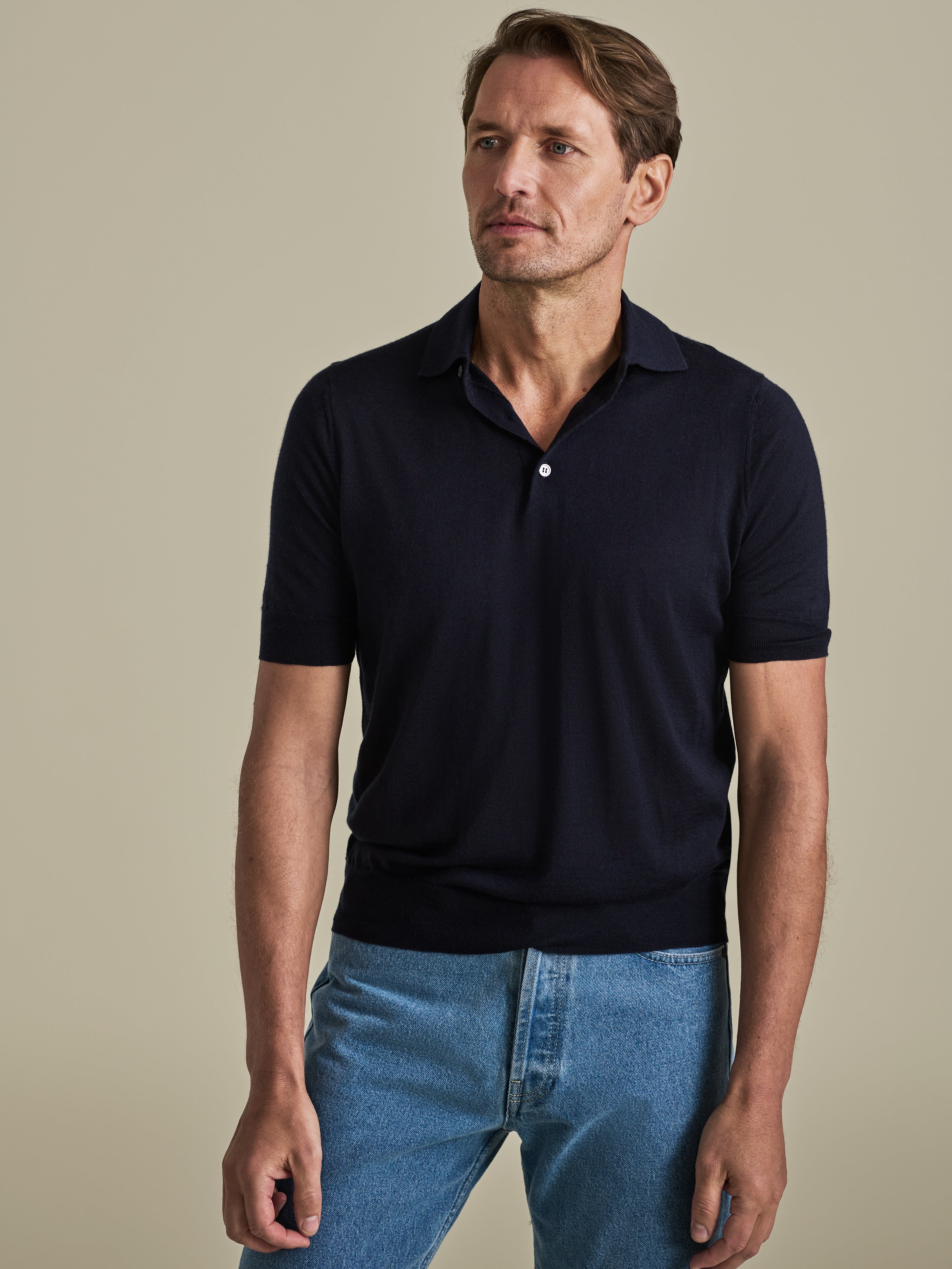 Cashmere Silk Polo Shirt Navy Model Cropped Image