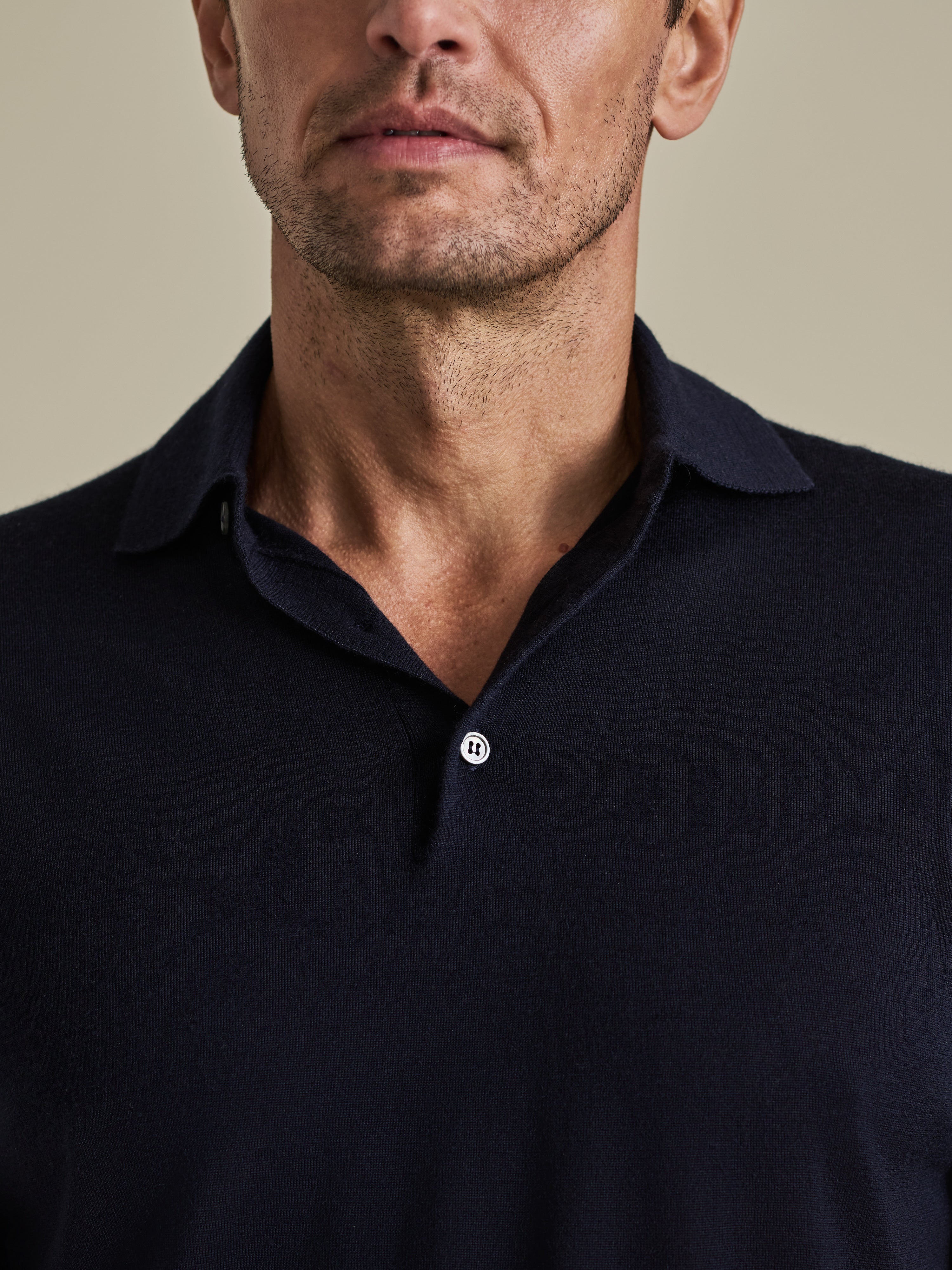 Cashmere Silk Polo Shirt Navy Model Neck Image