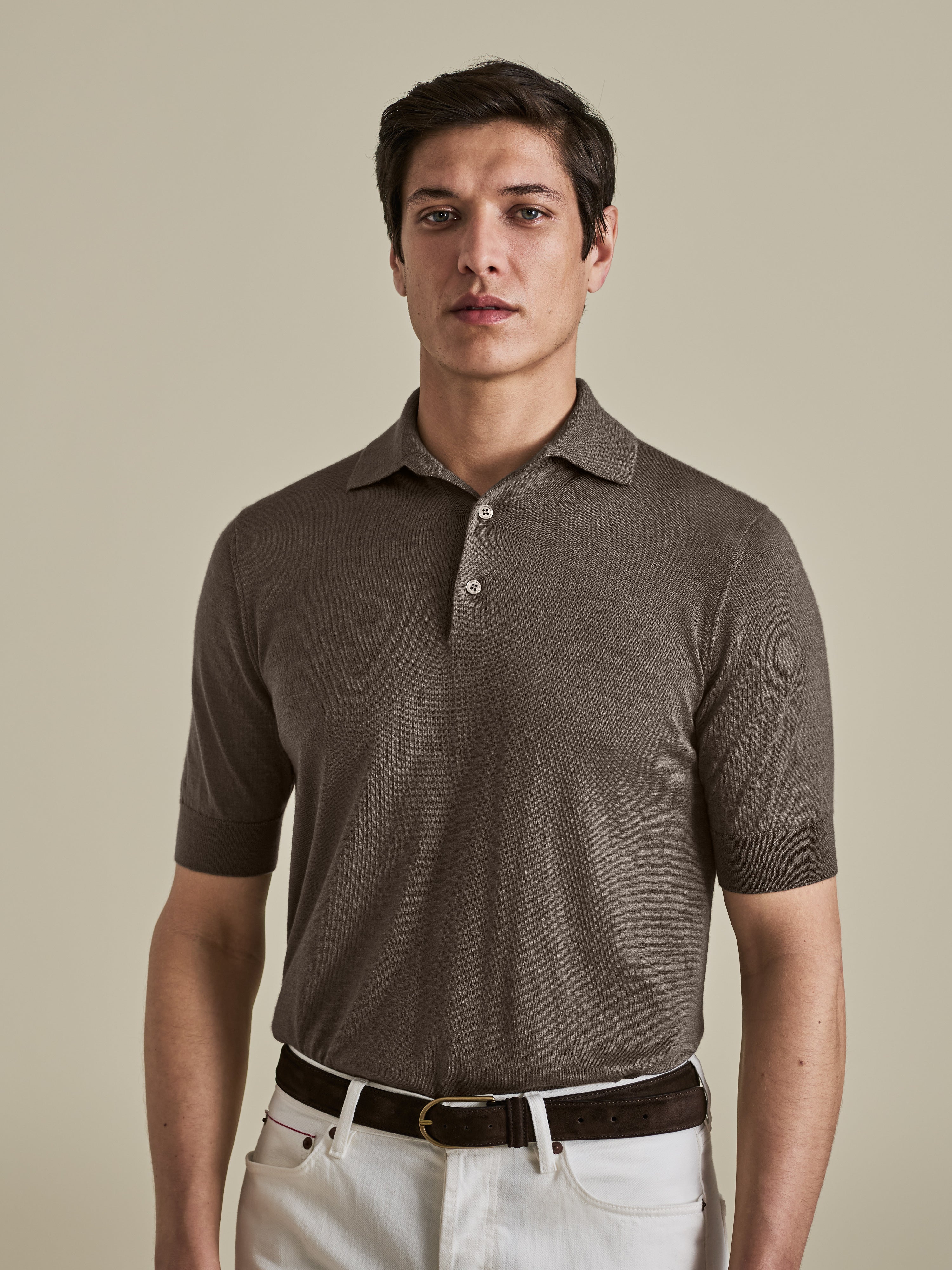 Cashmere Silk Polo Shirt Brown Model Cropped Image