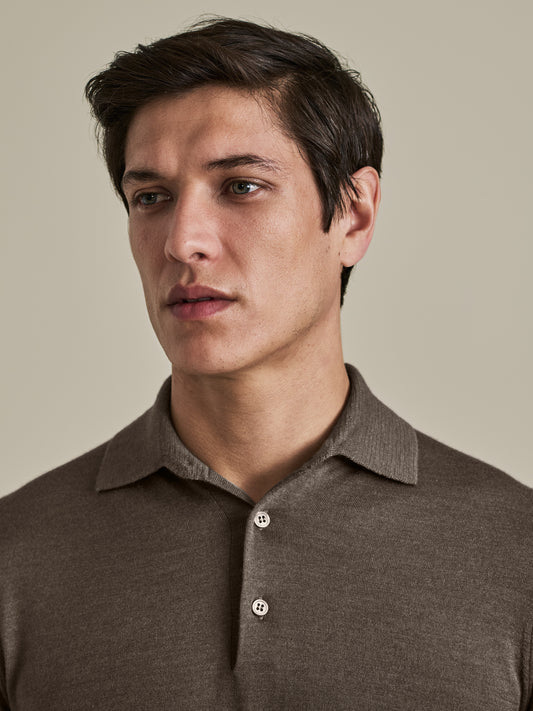 Cashmere Silk Polo Shirt Brown Model Neck Image