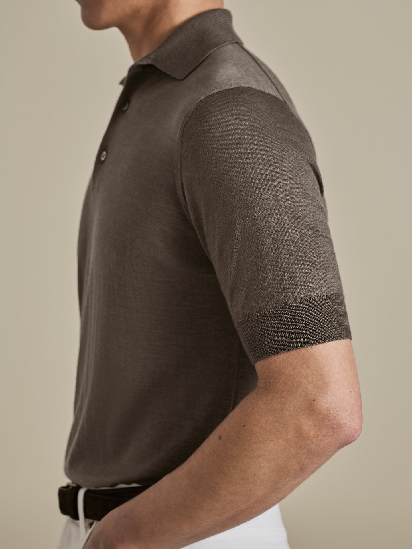 Cashmere Silk Polo Shirt Brown Model Sleeve Image