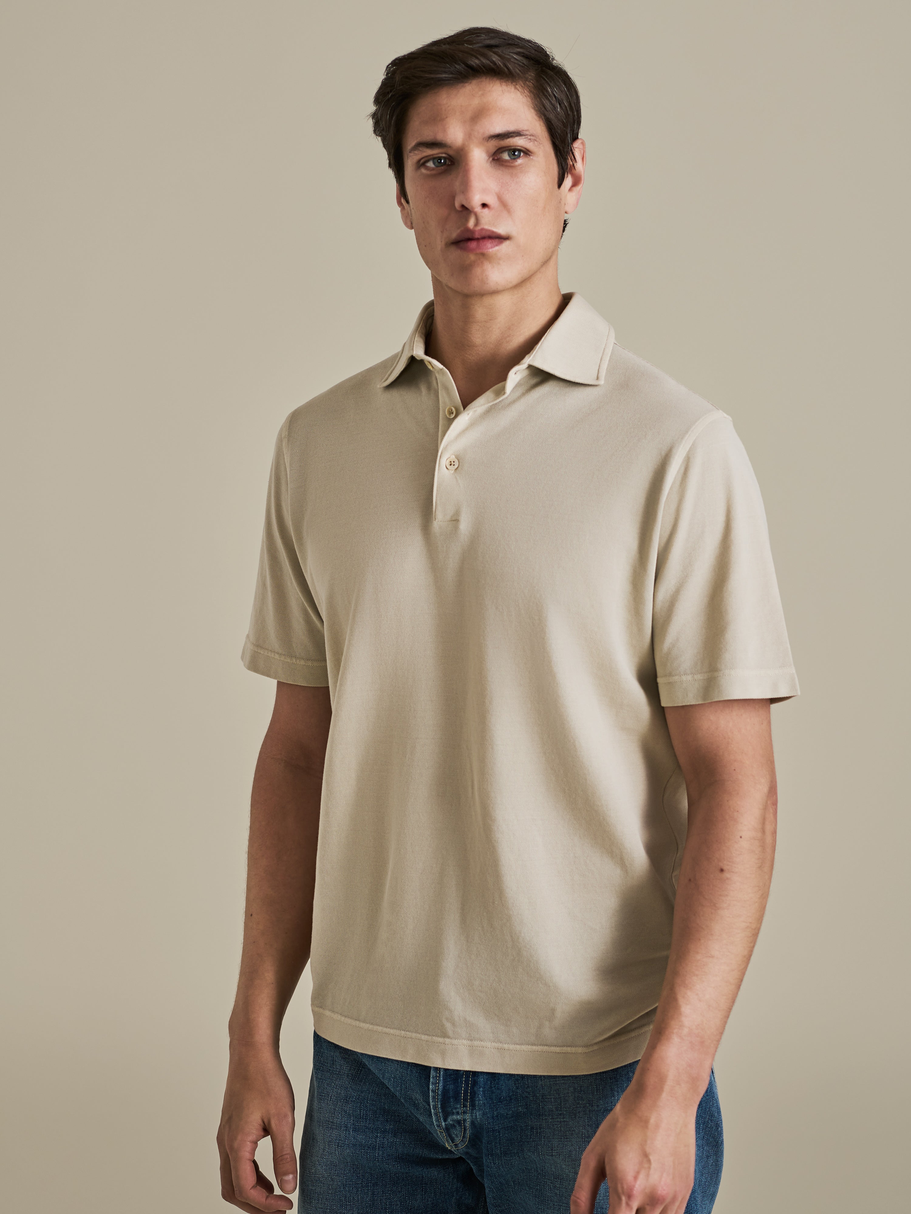 Cotton Pique Polo Shirt Taupe Model Cropped Image