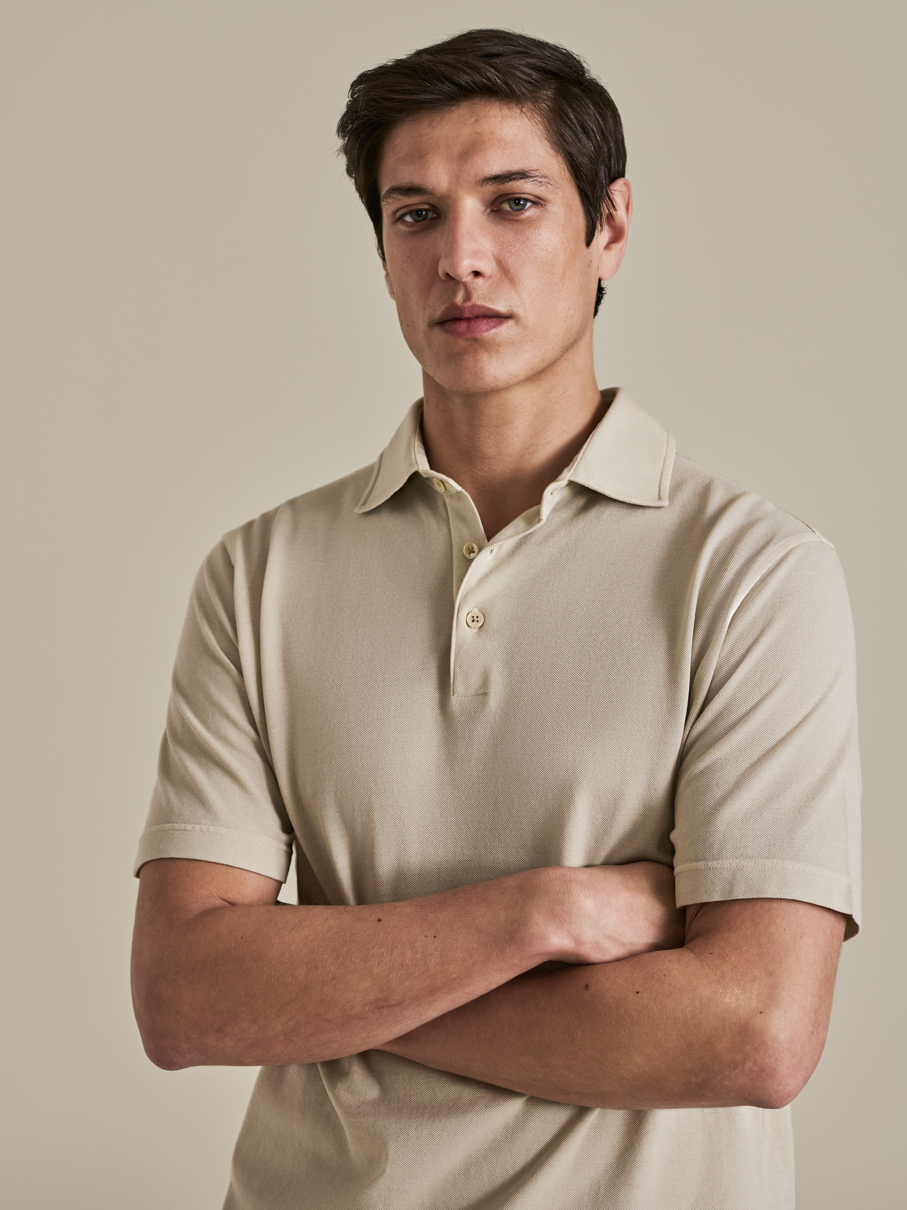 Cotton Pique Polo Shirt Taupe Model Sleeves Image