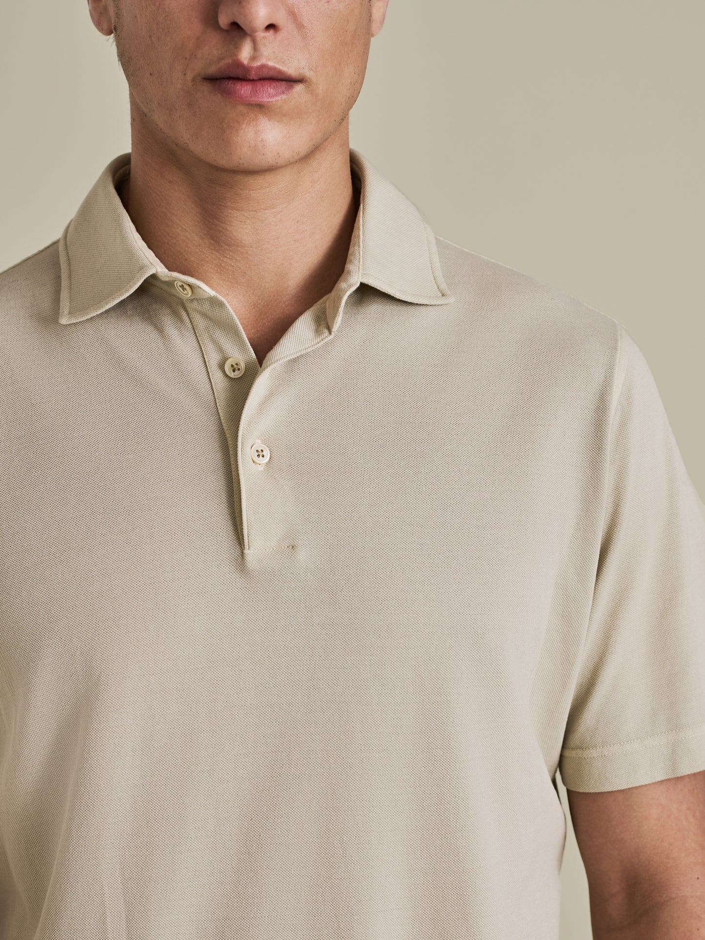 Cotton Pique Polo Shirt Taupe Model Neck Image