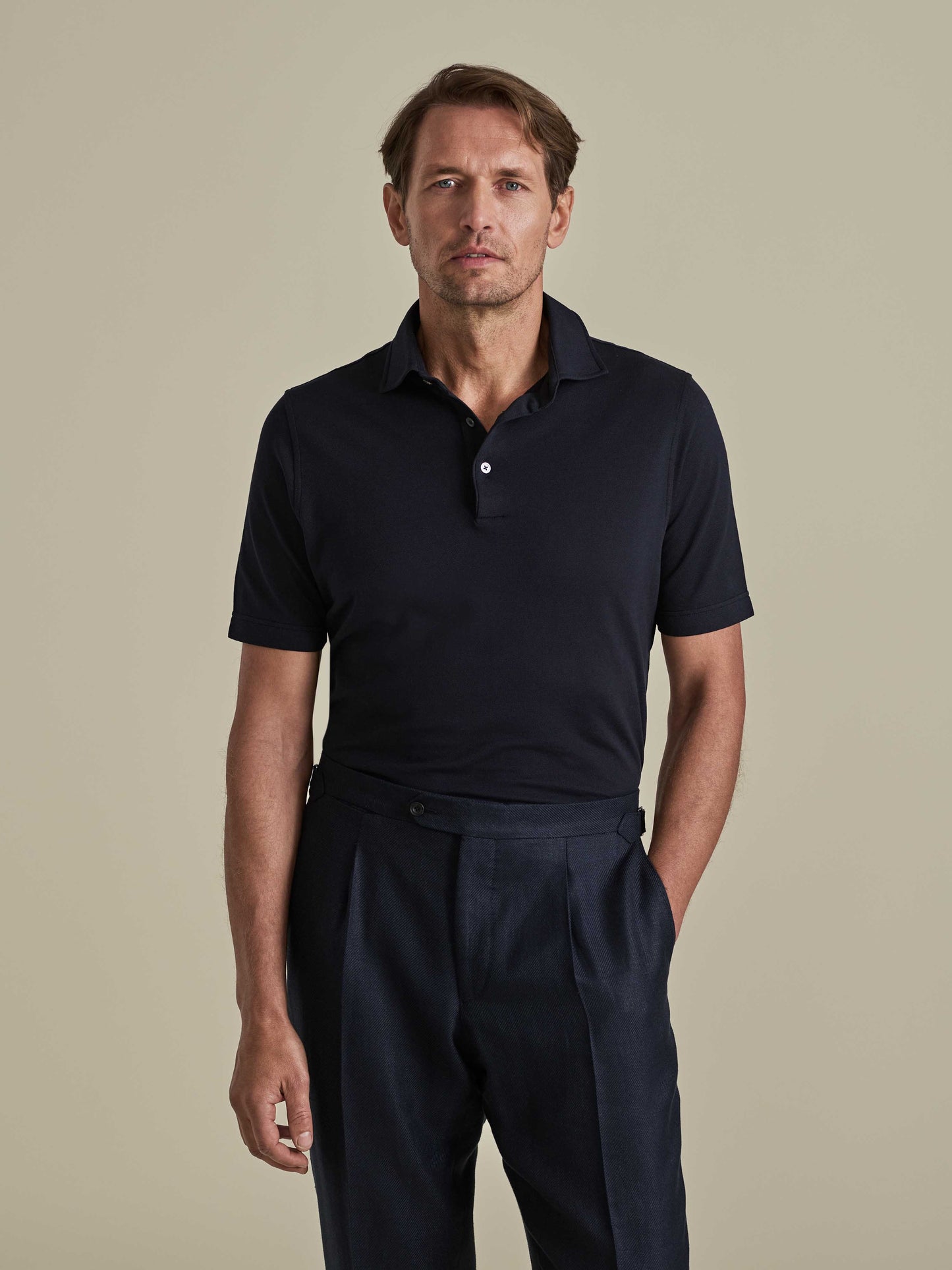 Cotton Pique Polo Shirt Navy Model Cropped Image