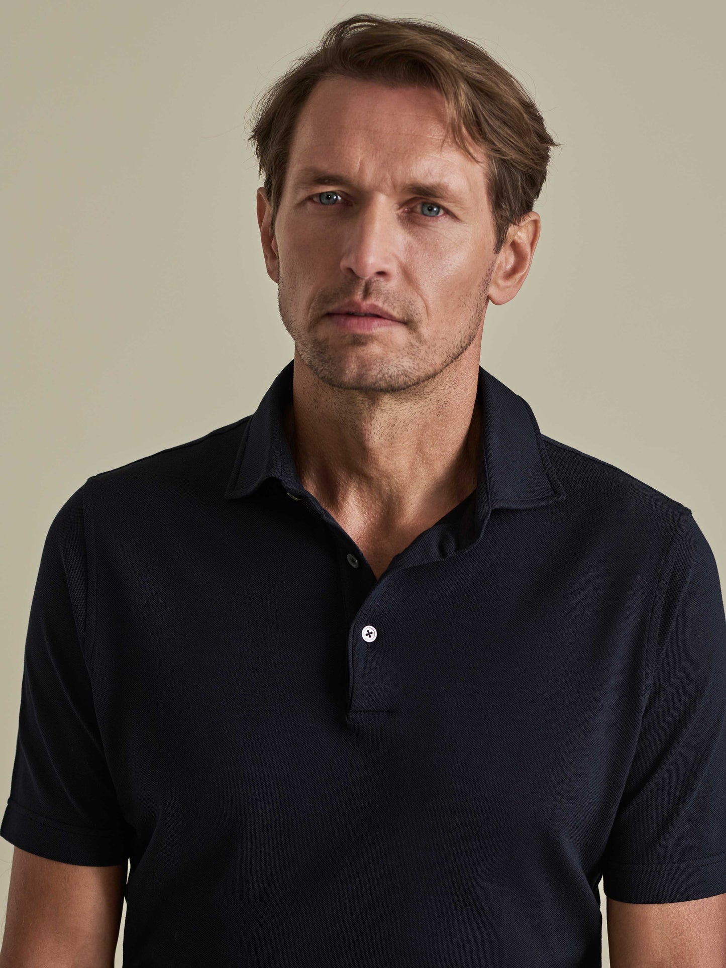 Cotton Pique Polo Shirt Navy Model Neck Image