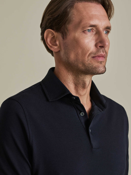 Cotton Pique Polo Shirt Navy Model Collar Image